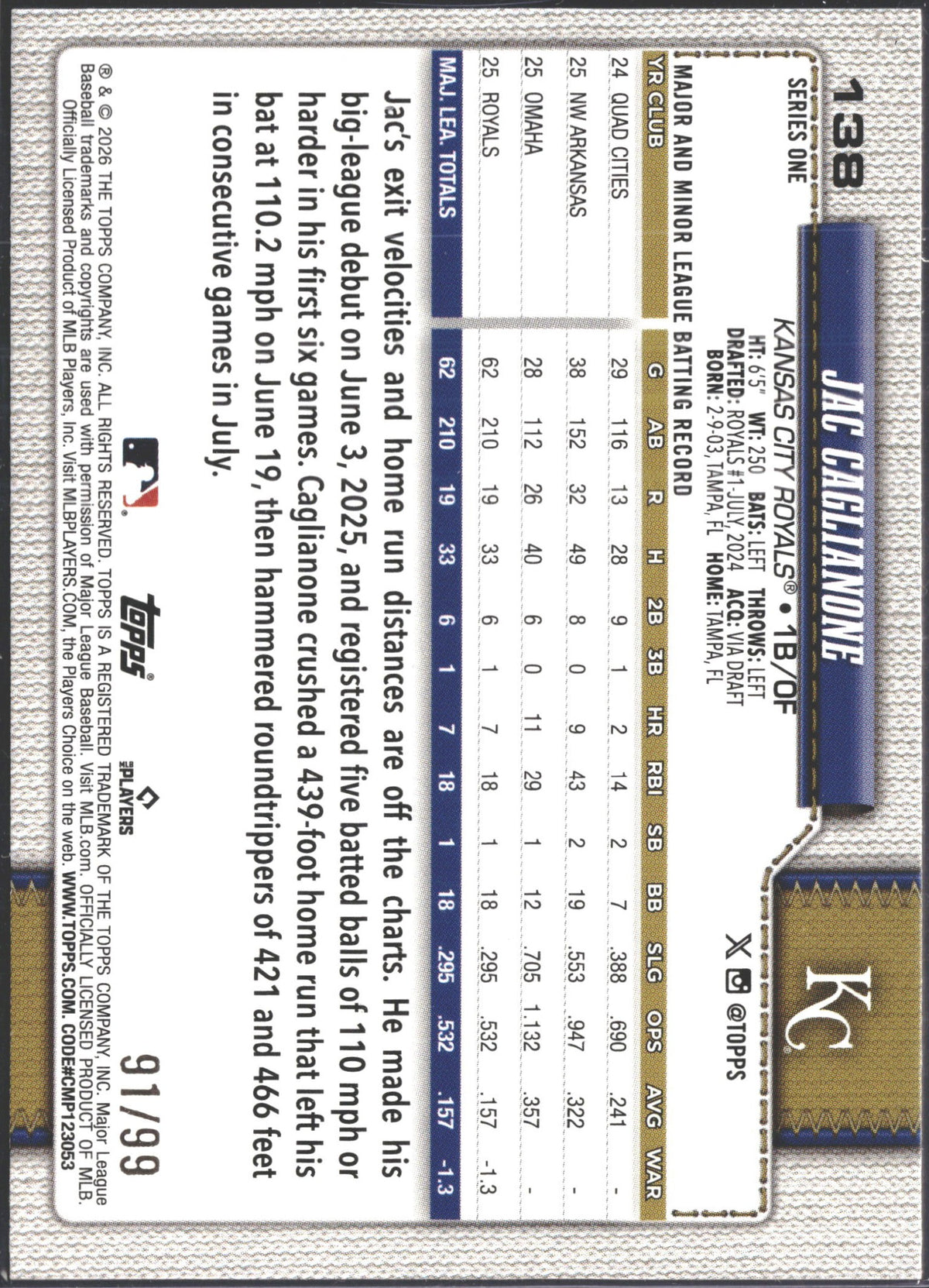 2026 Topps '75 Jac Caglianone Green Rookie RC /99 #138
