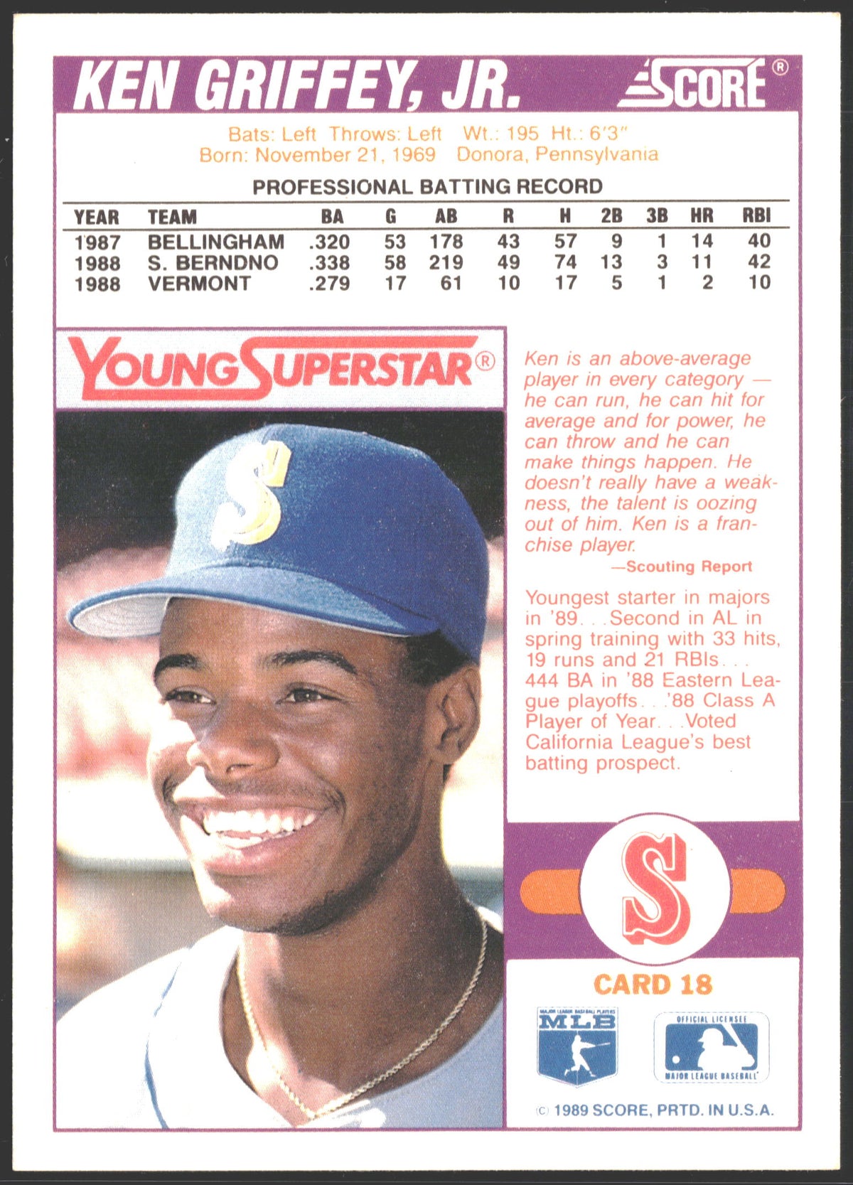 1989 Score Young Superstars Ken Griffey Jr. #18