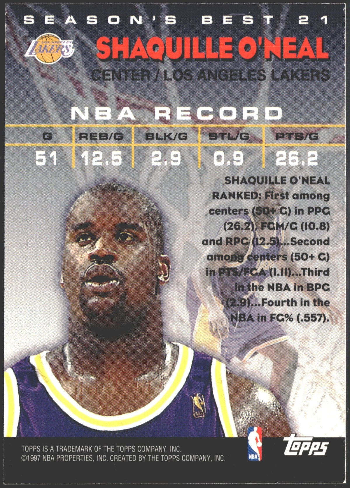 1997 Topps Season's Best Shaquille O'Neal Key Master #21