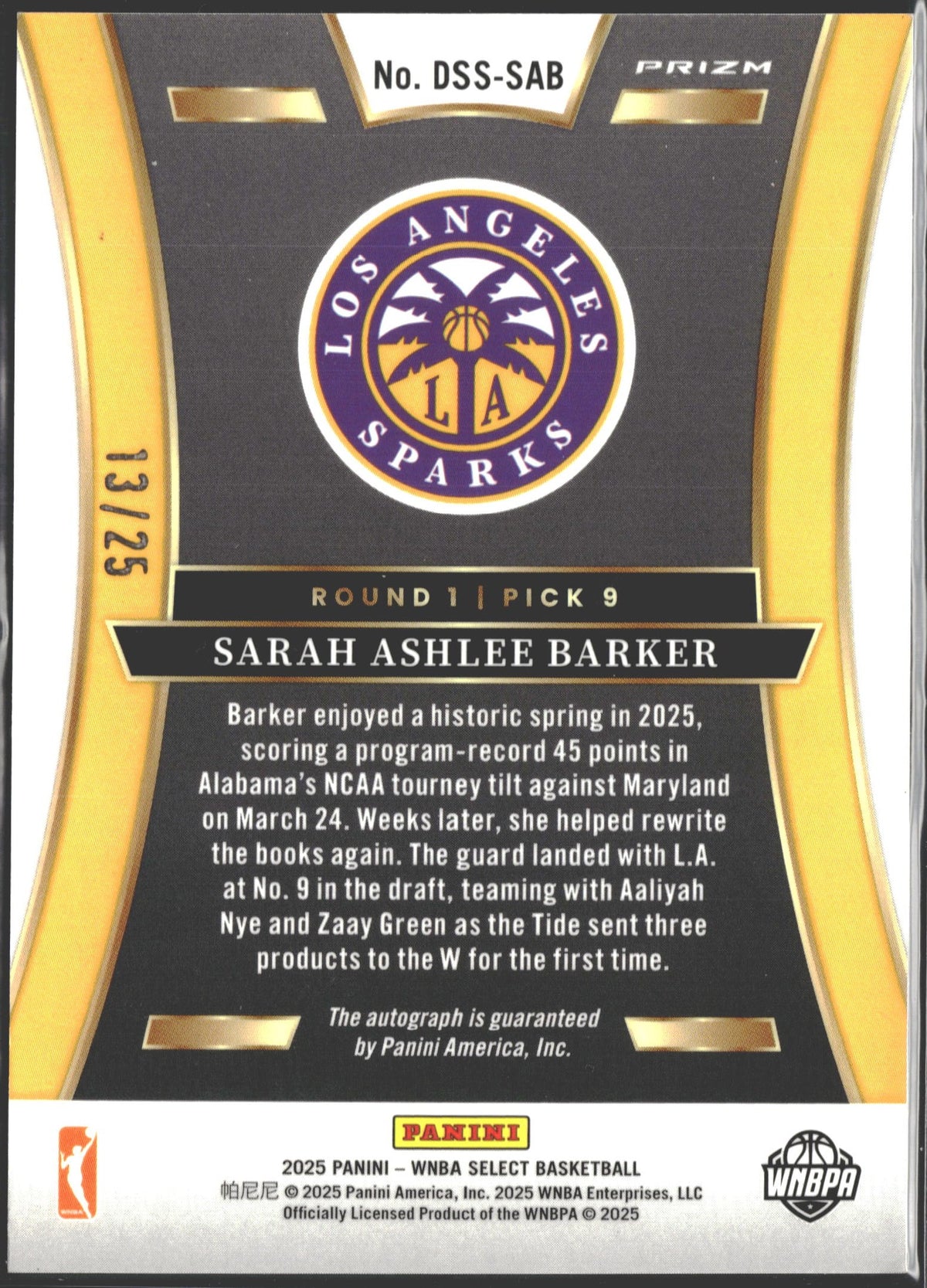 2025 Panini WNBA Select Draft Selections Sarah Ashlee Barker White Ice Auto /25 #DSS-SAB-2