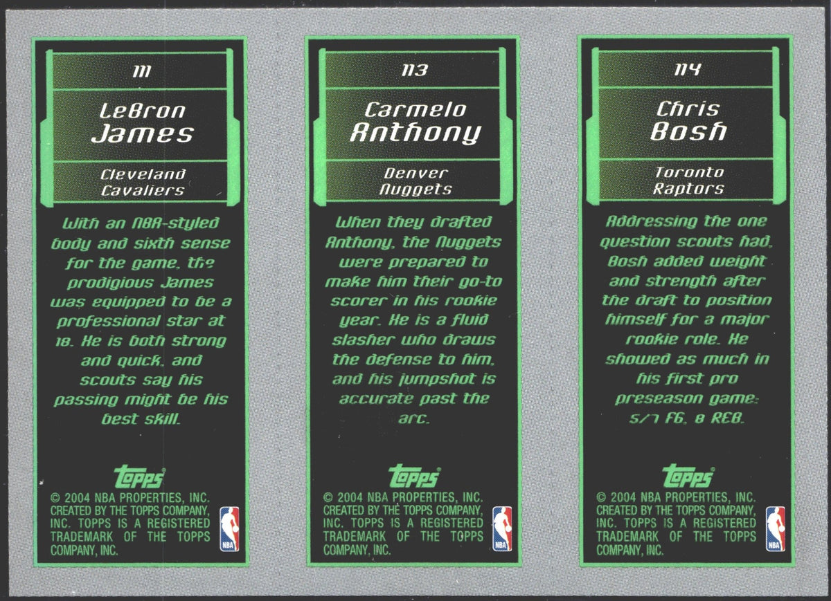 2003-04 Topps Rookie Matrix LeBron James #111 Carmelo Anthony #113 Chris Bosh #114