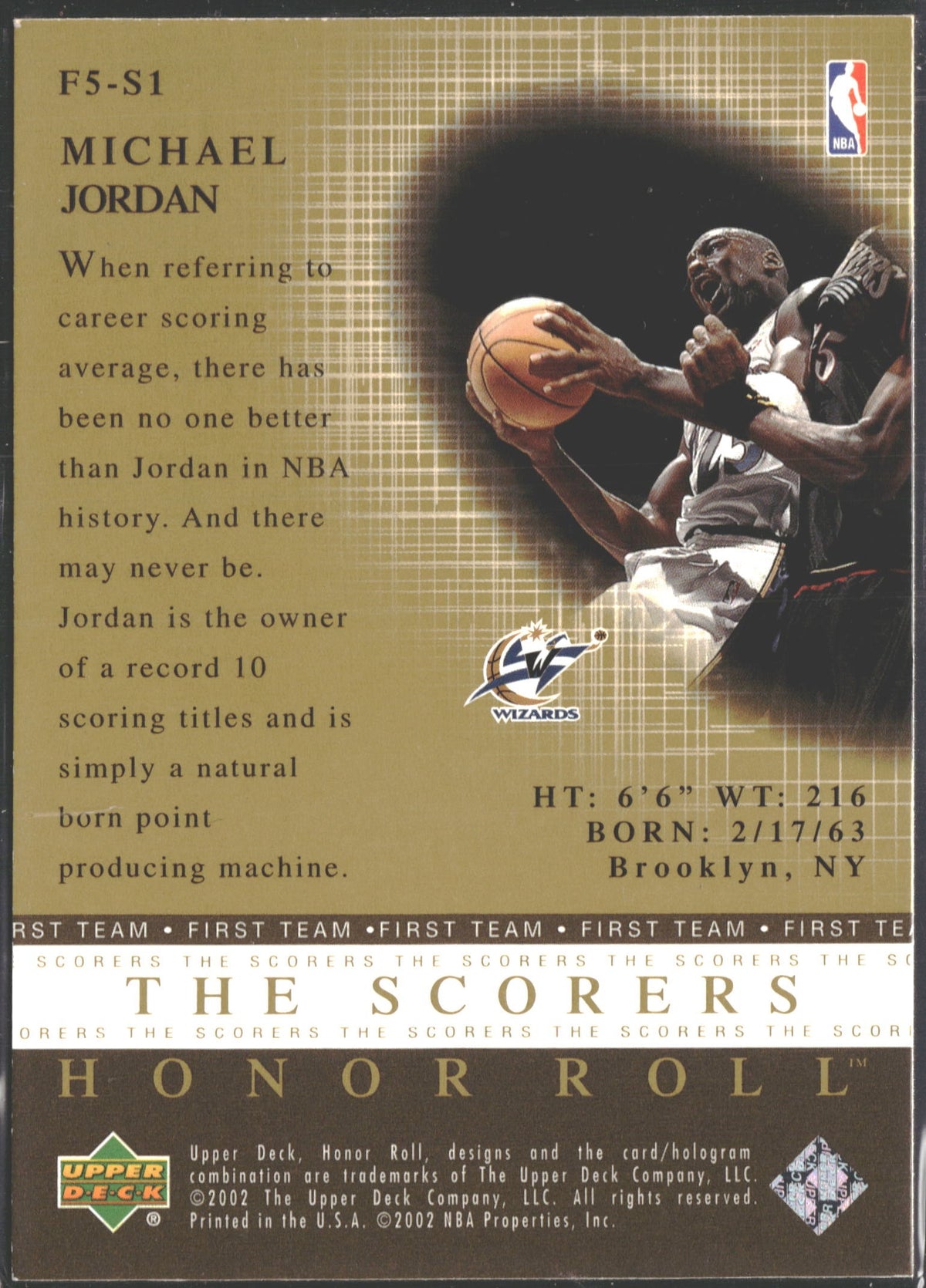 2002 Upper Deck Micheal Jordan Fab Fives The Scorers Honor Roll #F5-S1