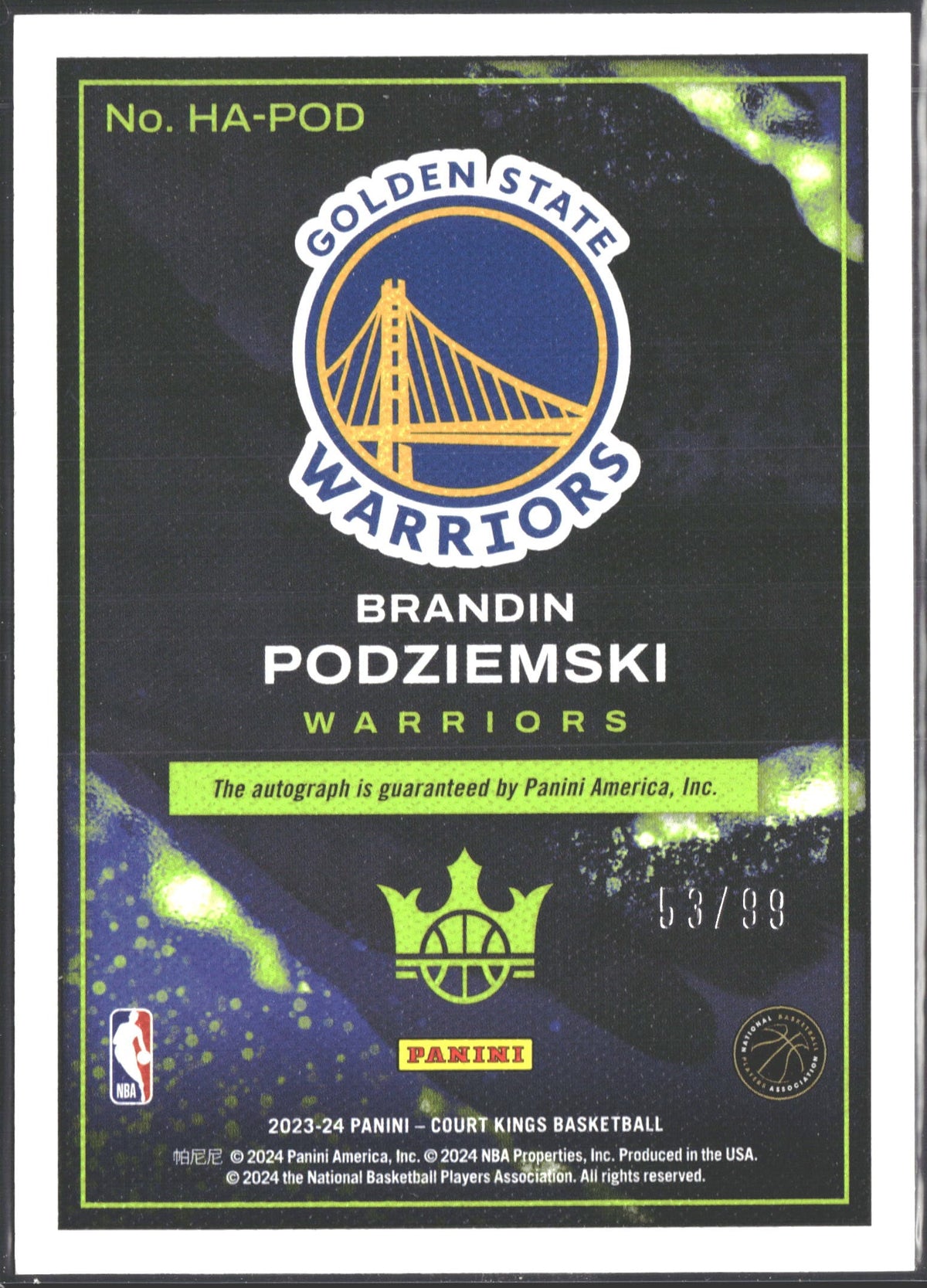 2023-24 Panini Court Kings Brandin Podziemski Heir Apparent Auto /99 #HA-POD