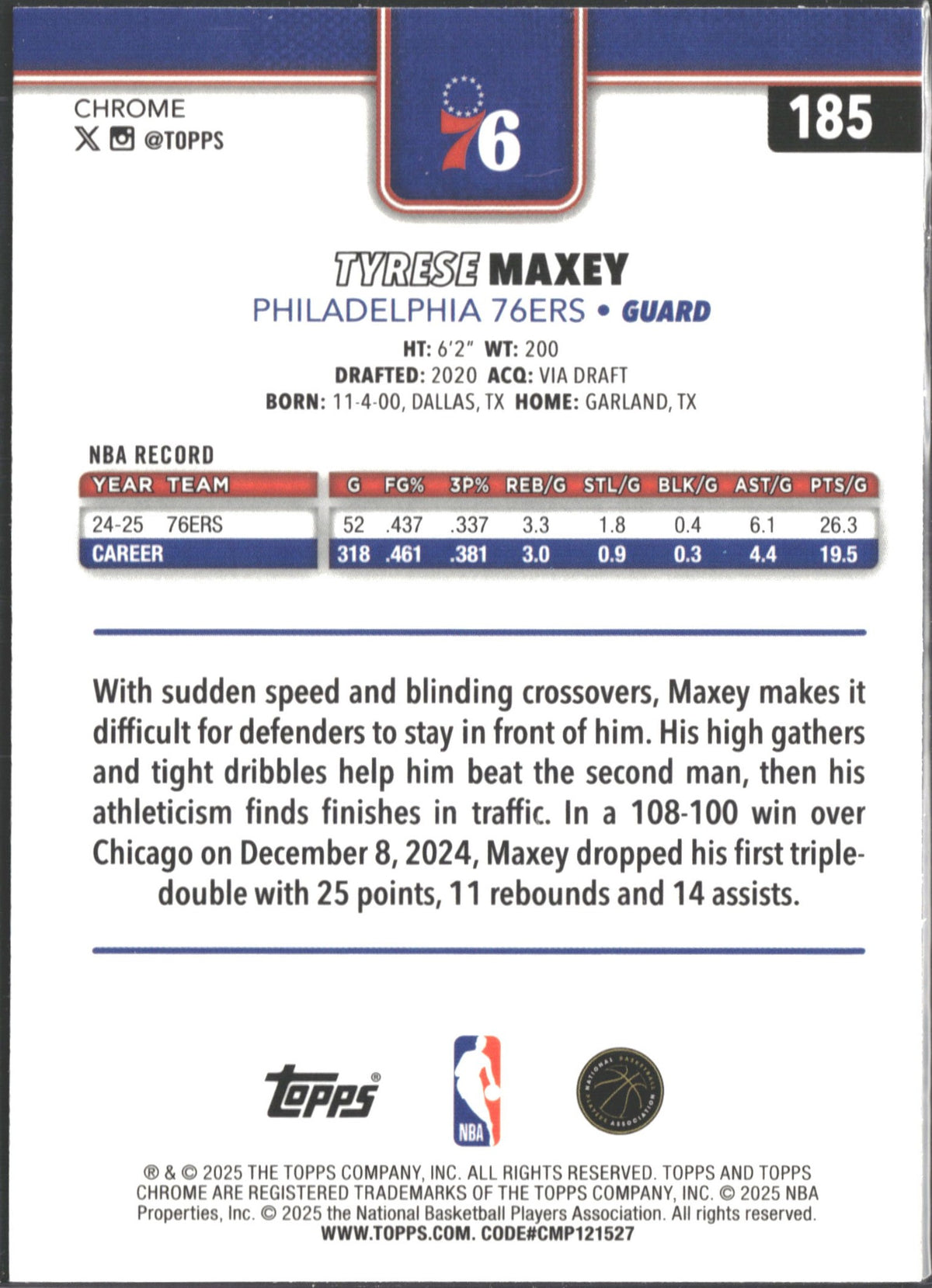 2025 Topps Chrome Tyrese Maxey Yellow Refractor 275/275 #185