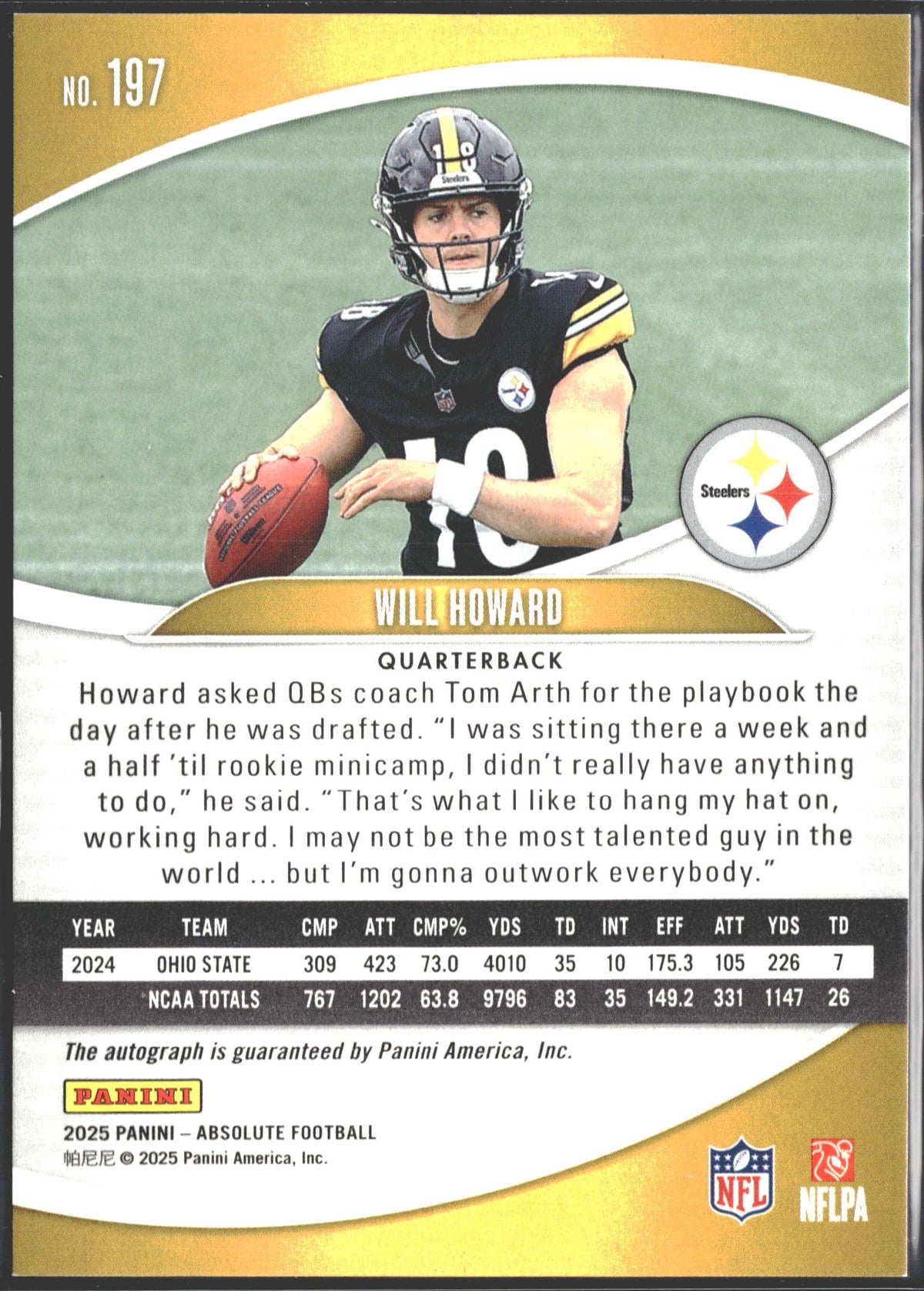 2025 Panini Absolute Rookies Will Howard Gold Star Auto /50 #197-2