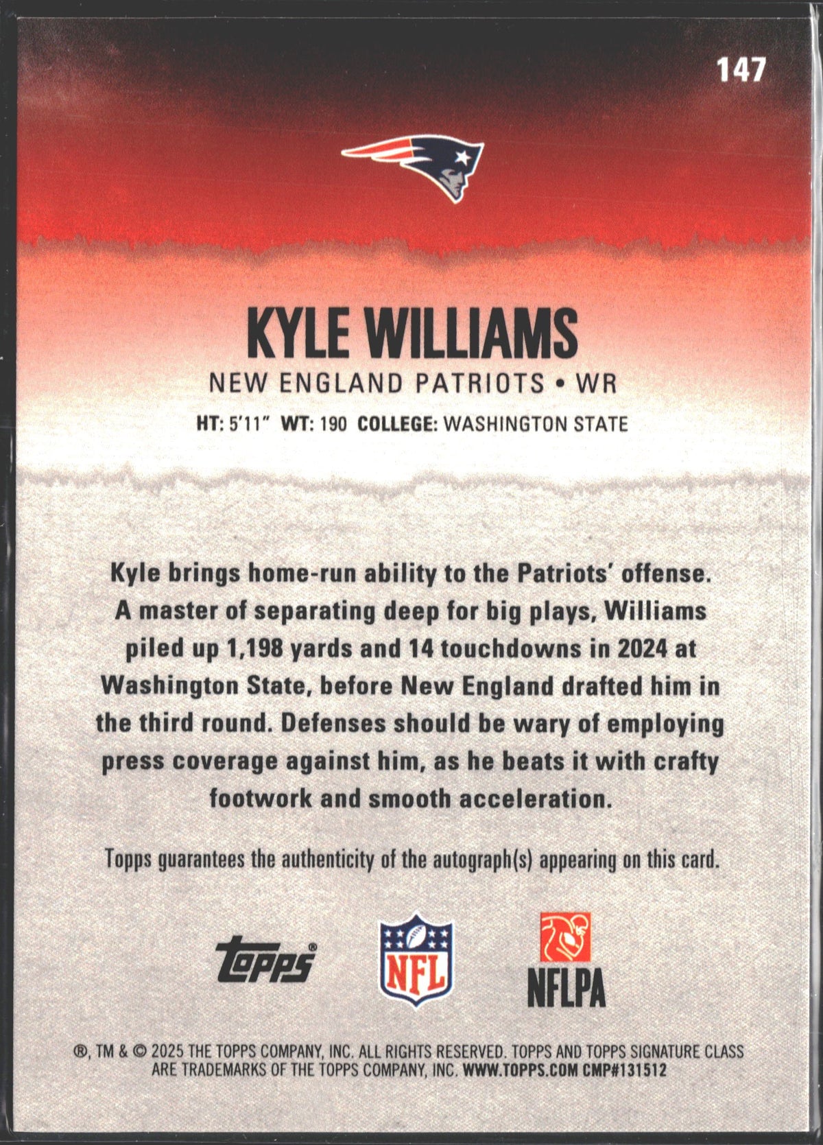 2025 Topps Certified Kyle Williams Orange Auto /50 #147-2