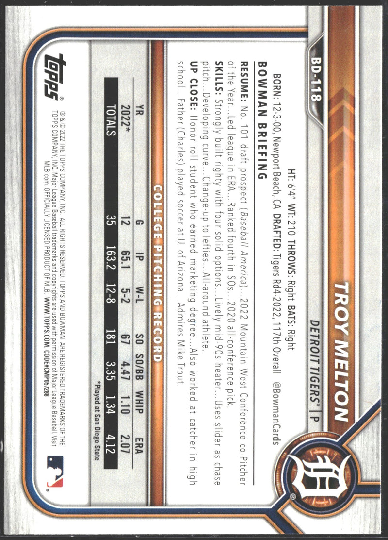 2022 Bowman Draft Troy Melton Auto #BD-118-2