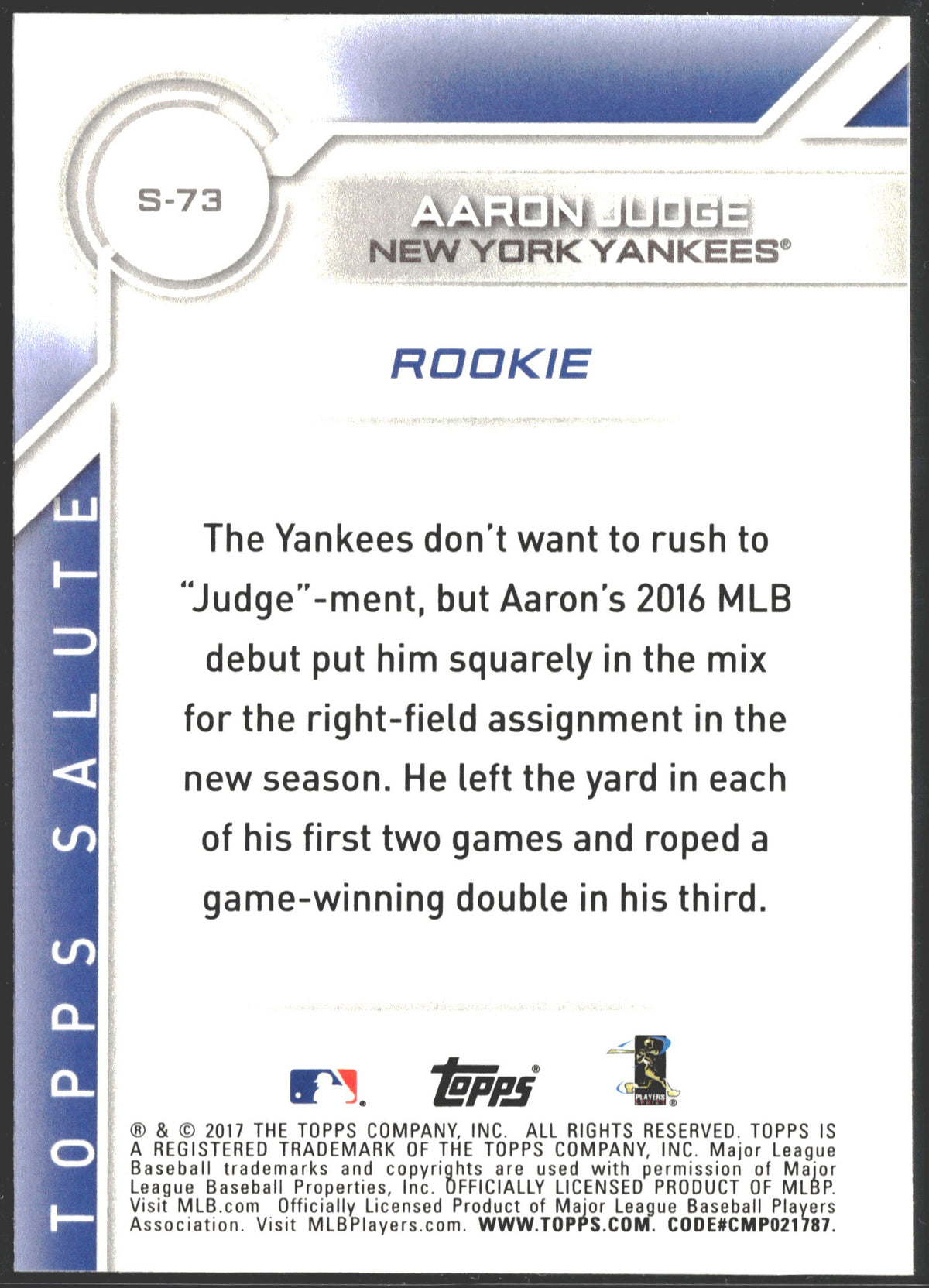 2017 Topps Salute Rookie Aaron Judge #S-73