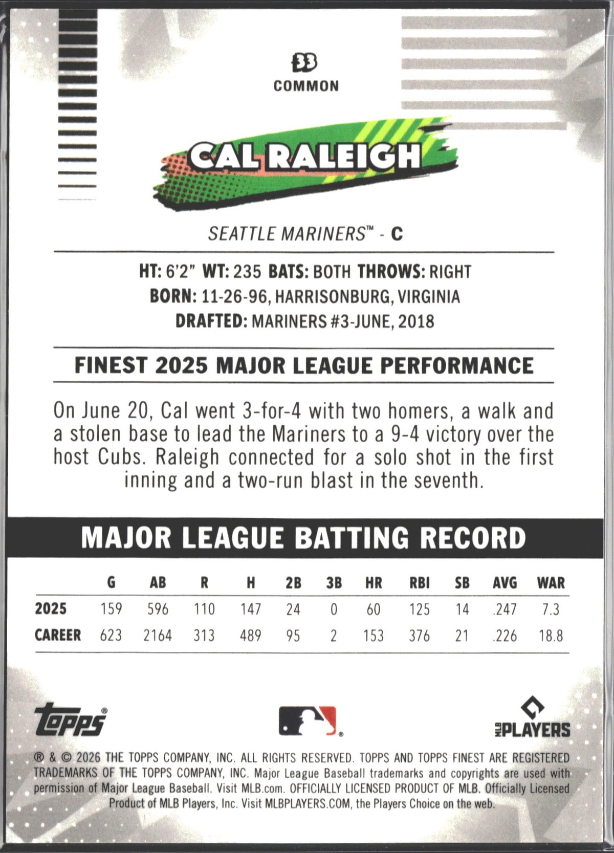 2026 Topps Finest Cal Raleigh Refractor /30 #33-2