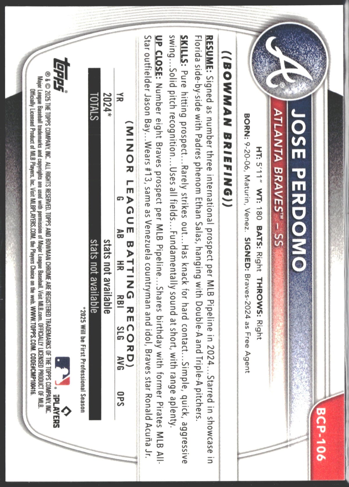 2025 Bowman Chrome Prospects Jose Perdomo Red Geometric Refractor 5/5 #BCP-106