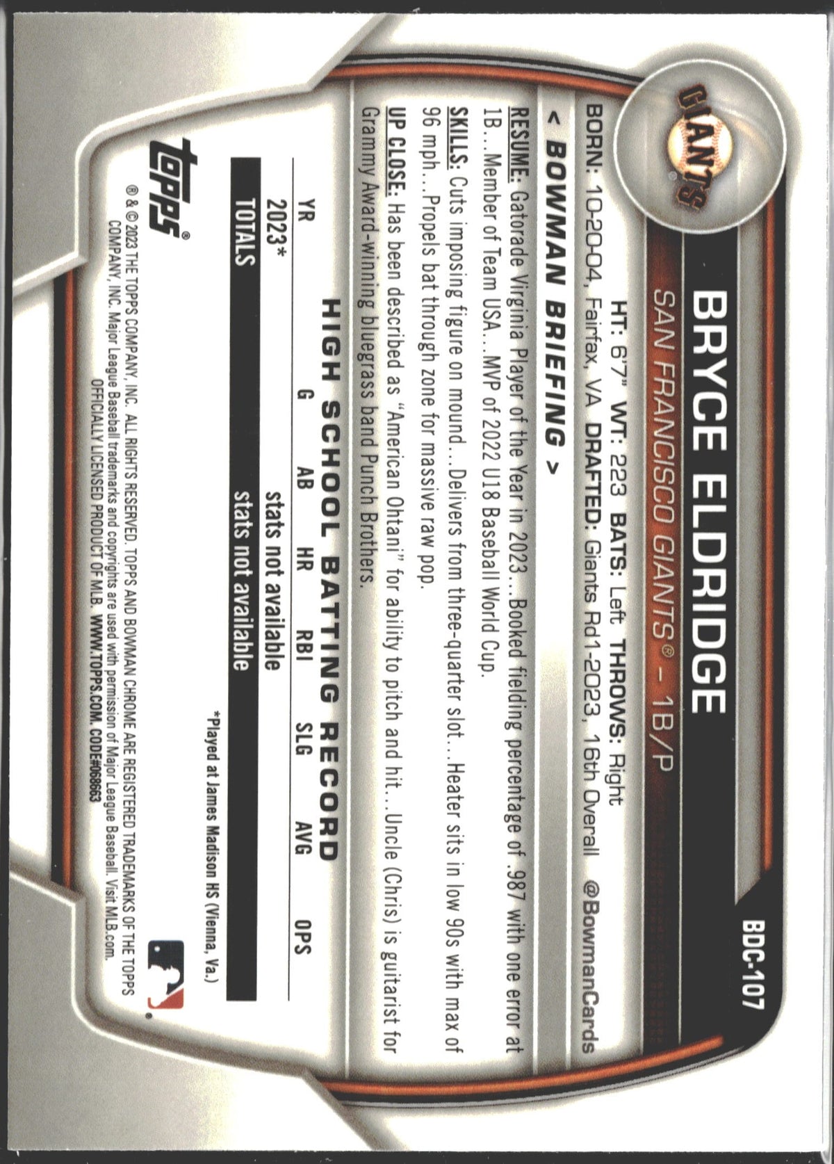 2023 Bowman Draft Chrome Bryce Eldridge Purple Refractor /250 #BDC-107-2