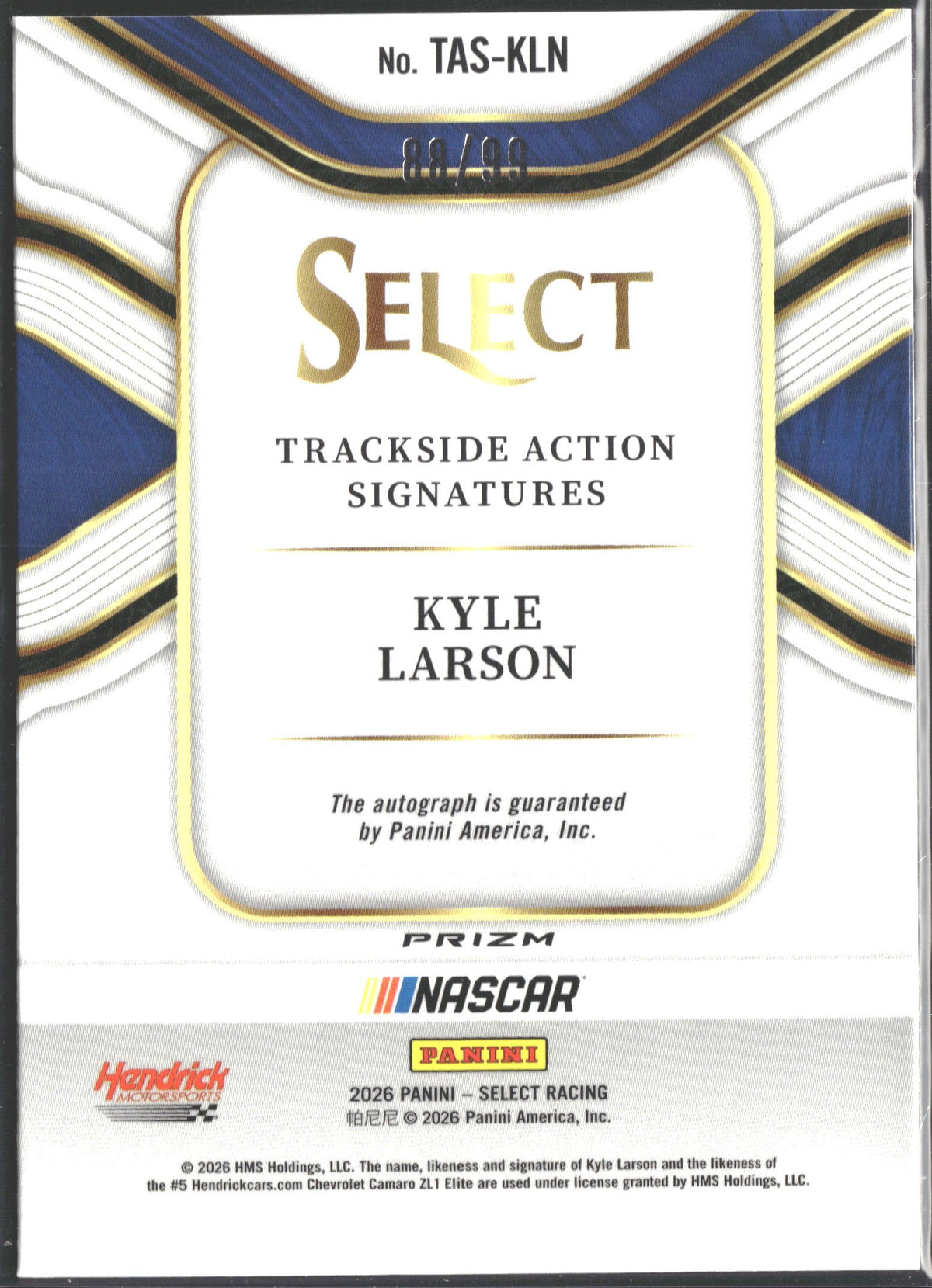 2026 Panini Select Kyle Larson Trackside Action Auto Blue Prizms #TAS-KLN #/99