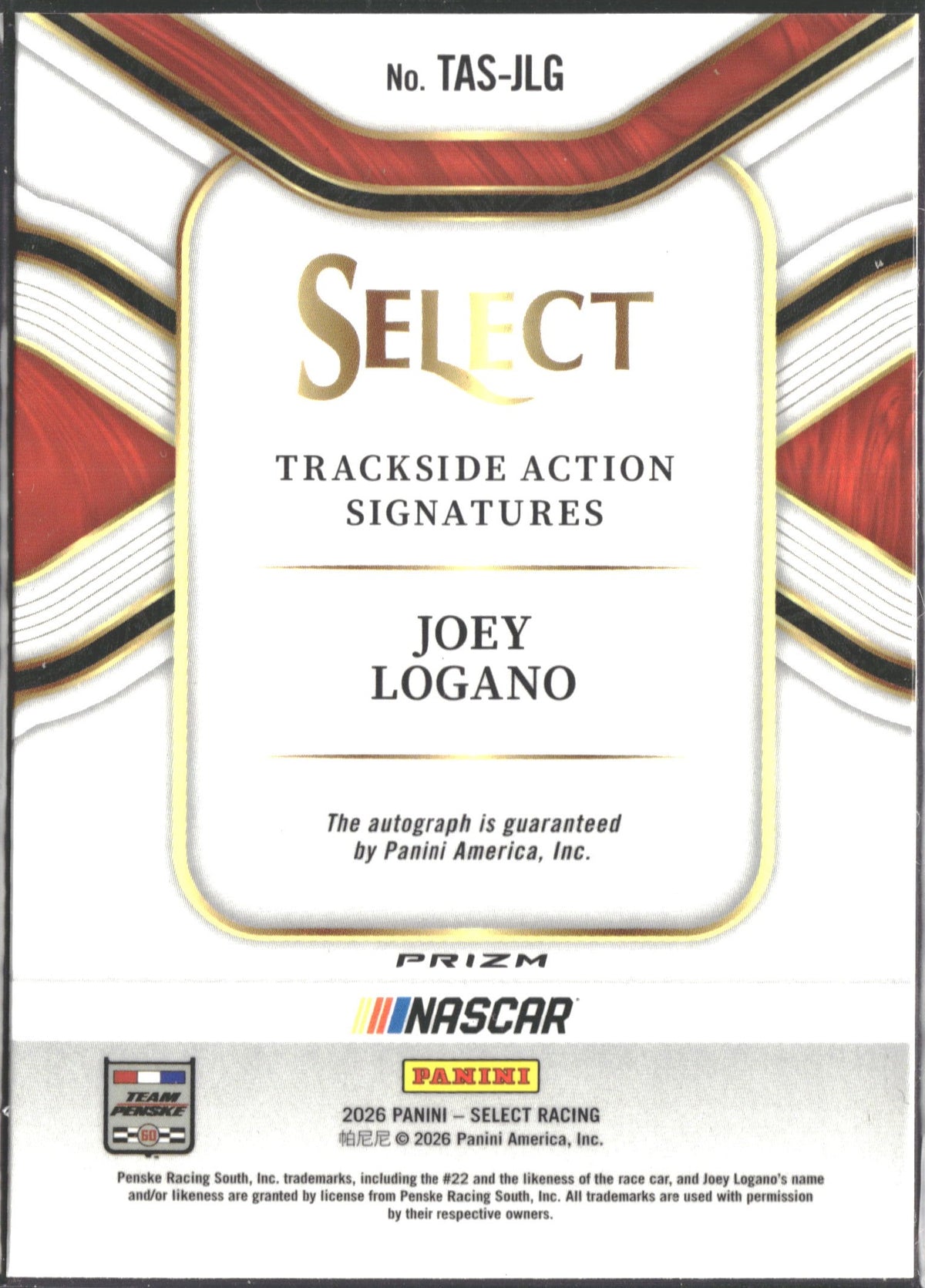 Panini Select 2026 Joey Logano Trackside Action Signatures #TAS-JLG Auto Prizm