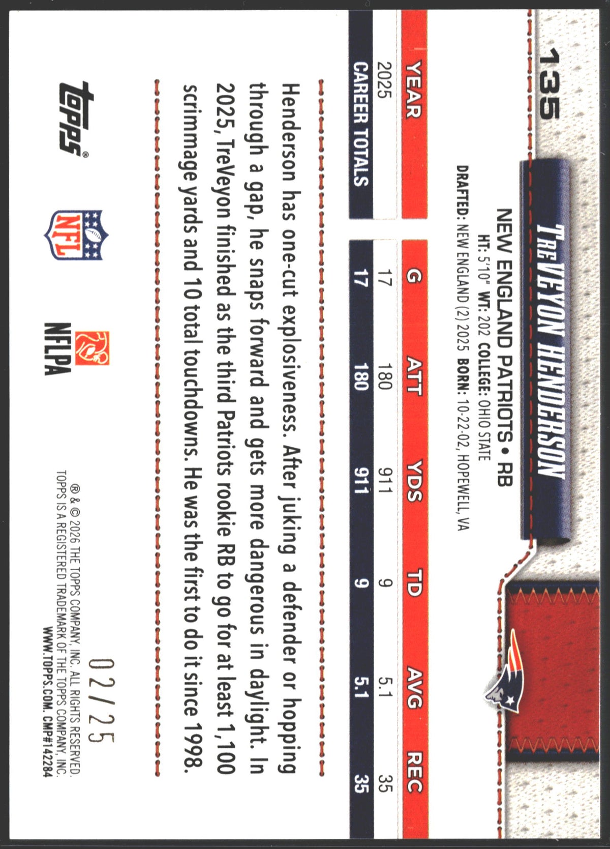 2026 Topps All Rookie Team TreVeyon Henderson Orange Cracked Ice /25 #135