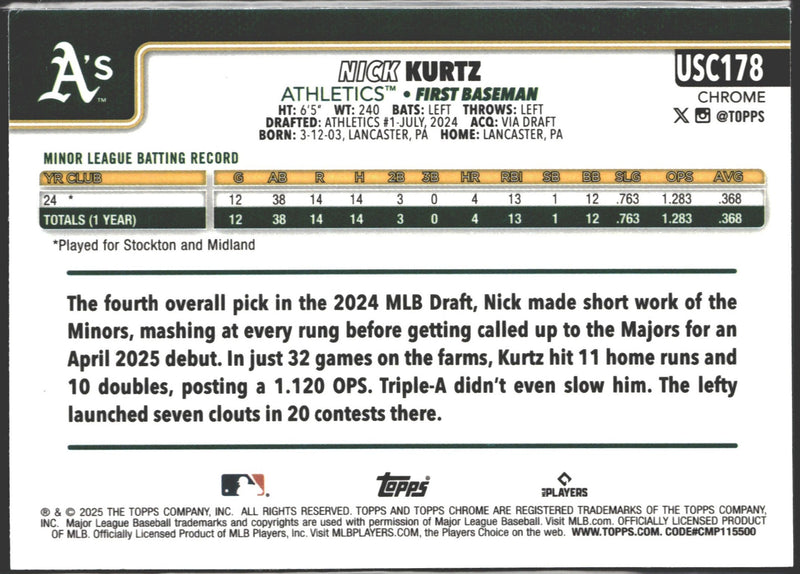 2025 Topps Chrome Update Series Nick Kurtz Aqua Refractor /199 #USC178-2