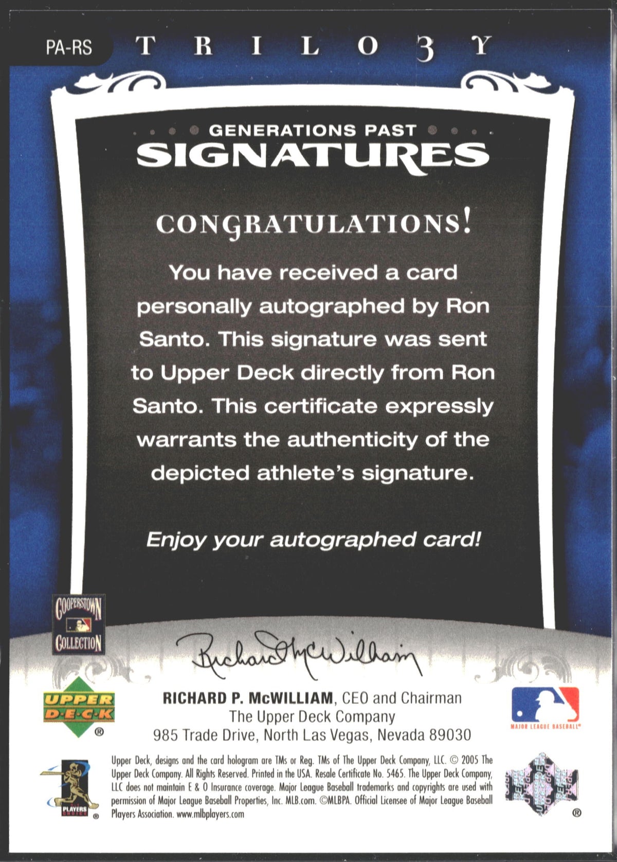 2005 Upper Deck Trilogy Generations Past Ron Santo Auto /35 #PA-RS-2