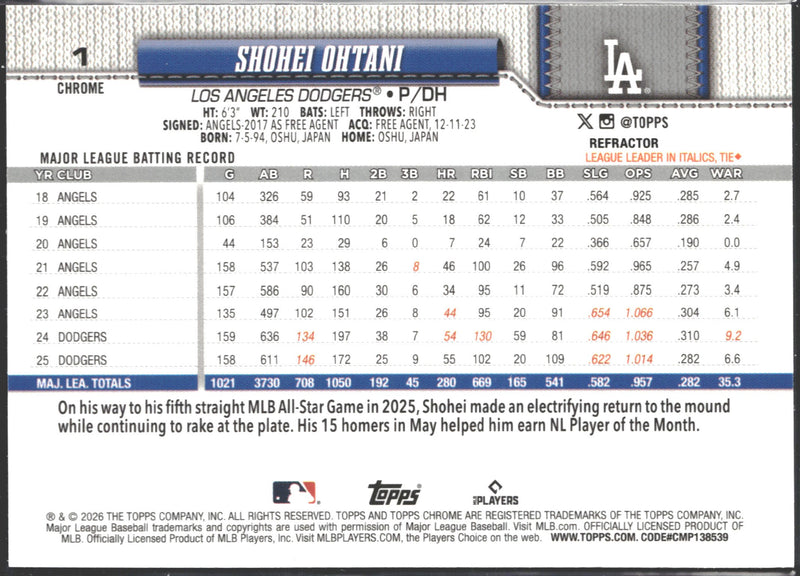 2026 Topps Chrome Shohei Ohtani Refractor #200-2