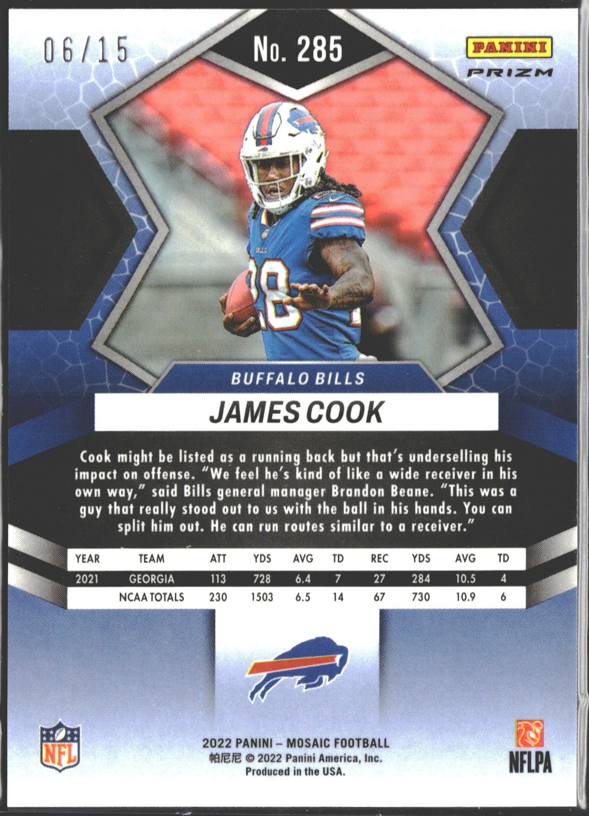 2022 Panini Mosaic NFL Debut James Cook Tessellation Mosaic Prizm /15 #285