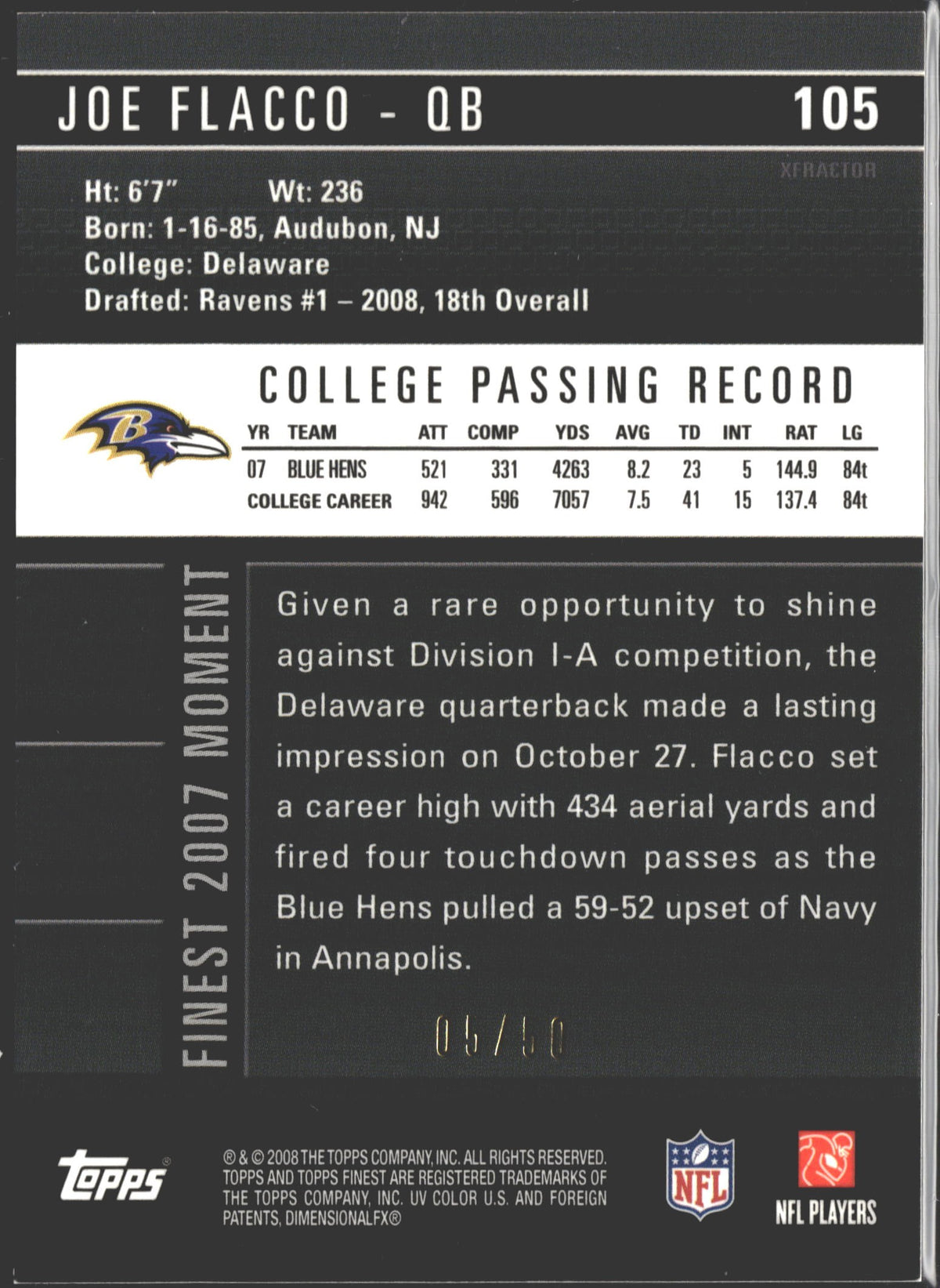 2008 Topps Finest Rookie Refractors Joe Flacco Blue Refractor X-Fractor /50 #105-2