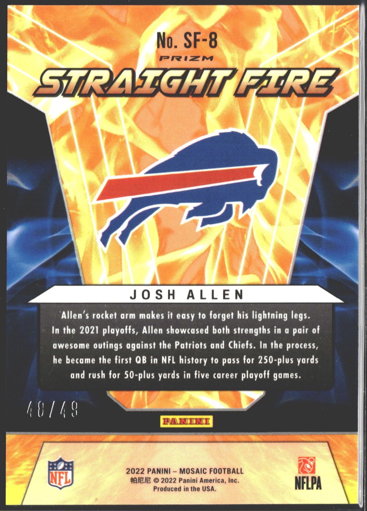 2022 Panini Mosaic Straight Fire Josh Allen Purple Mosaic Prizm /49 #SF-8