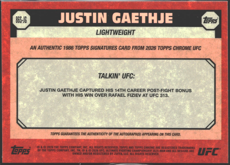 2026 Topps Chrome UFC Lightweight Justin Gaethje Auto #86S-JG-2