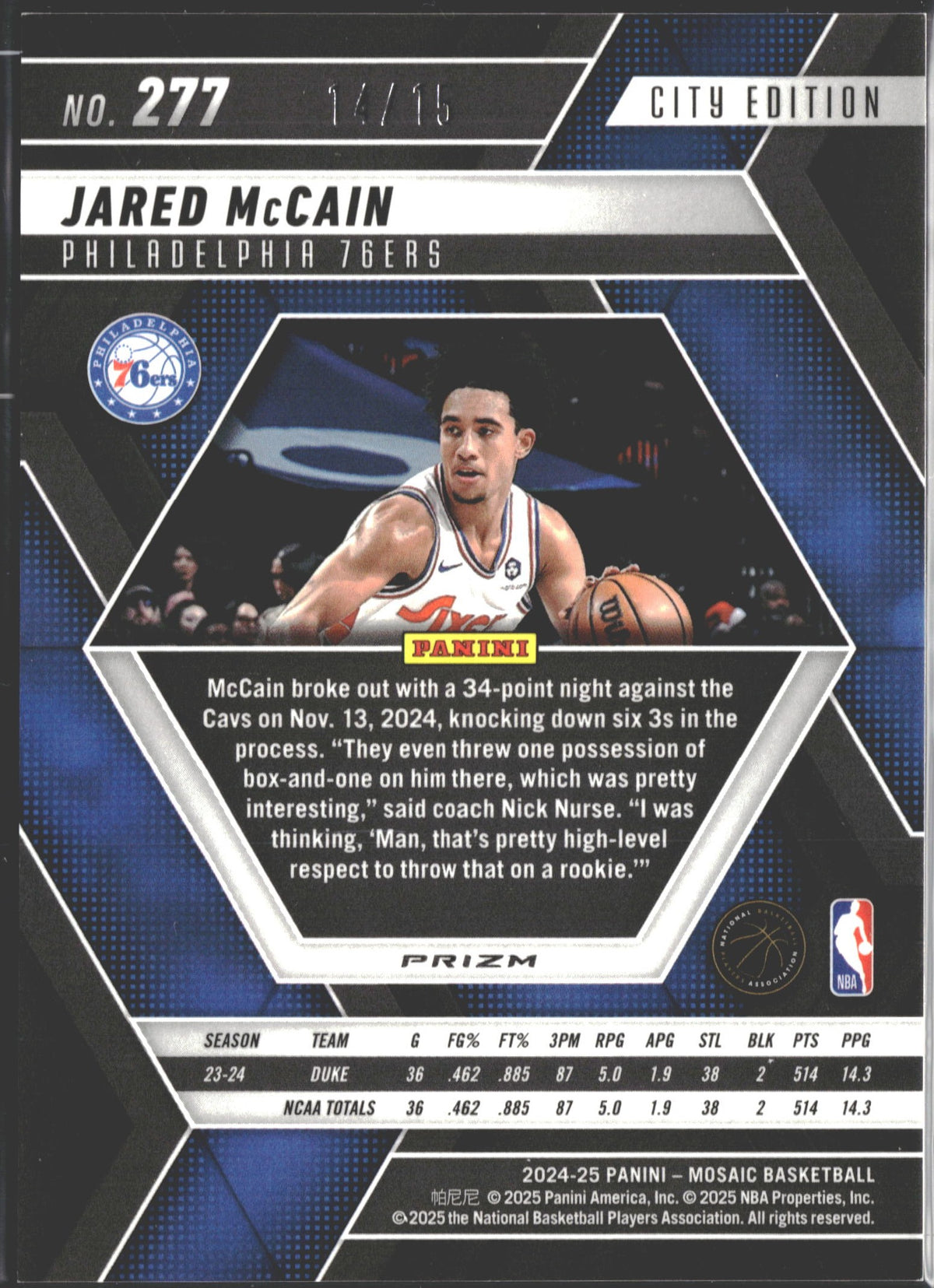 2024-25 Panini Mosaic City Edition Jared McCain Tessellation Mosaic Prizm /15 #277