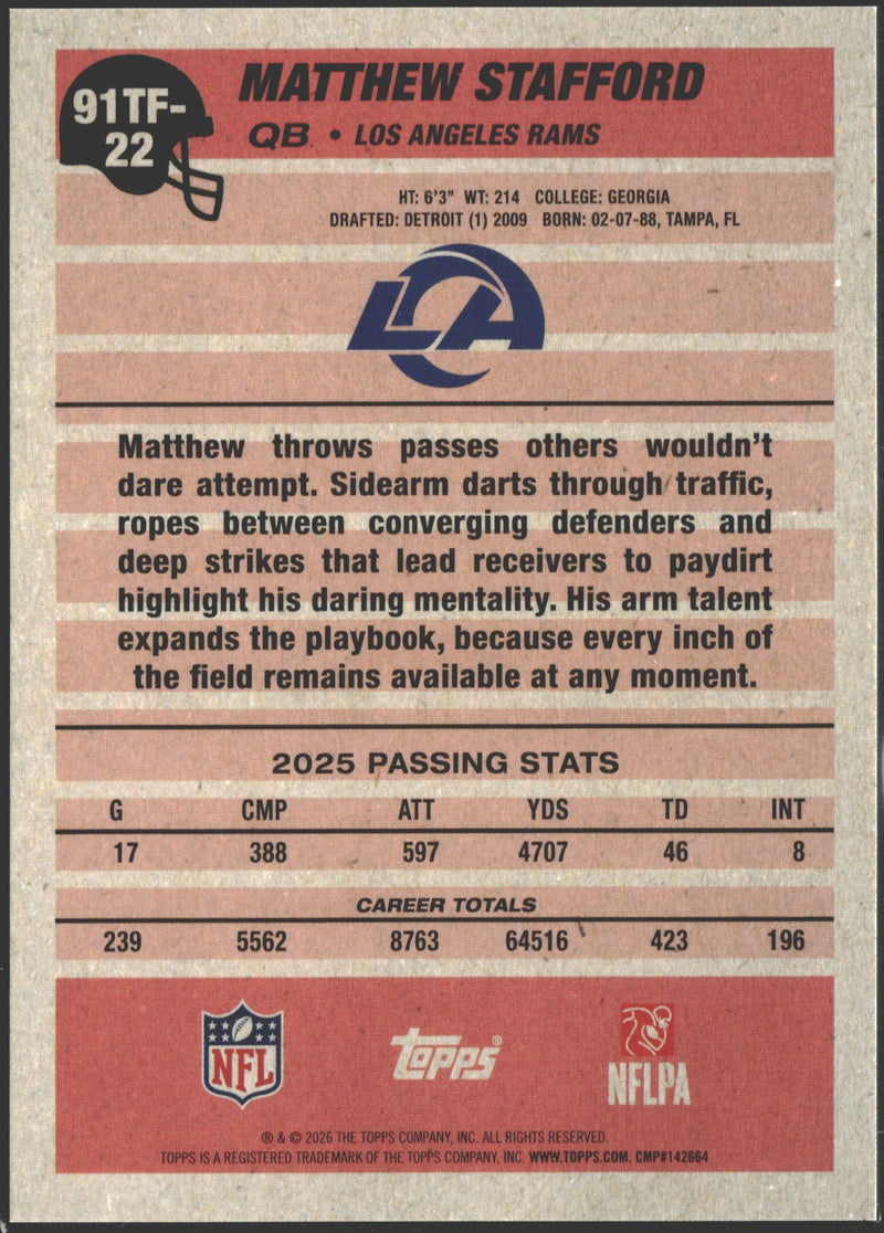 2026 Topps Flagship 35th Anniversary Matthew Stafford Gold Crackle Foil /50 #91TF-22-2