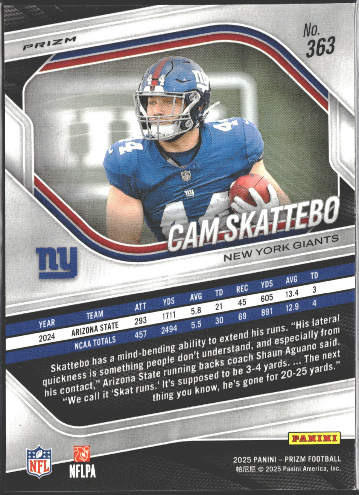 2025 Panini Prizm Rookies Cam Skattebo Black & Blue Checker Prizm #363-2