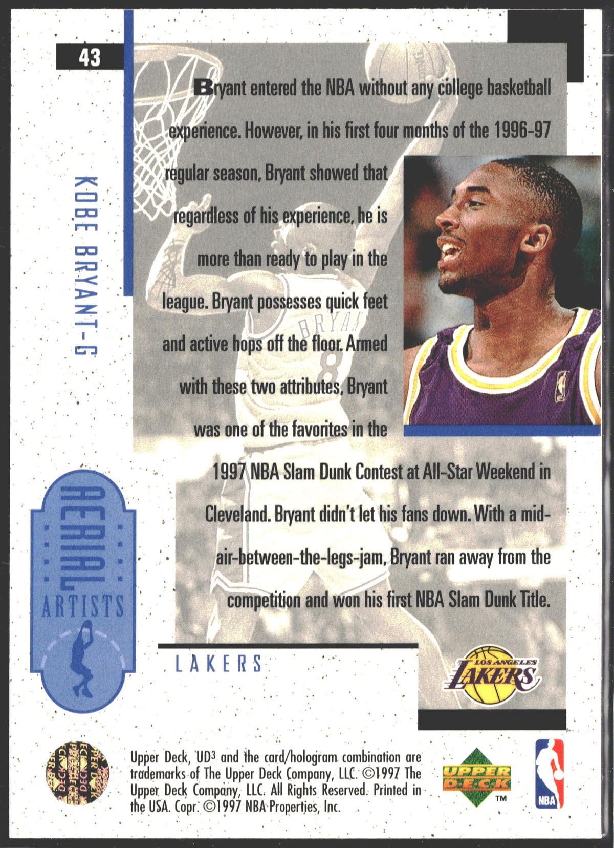 Kobe Bryant 1997 Upper Deck Aerial Artists RC #43-2
