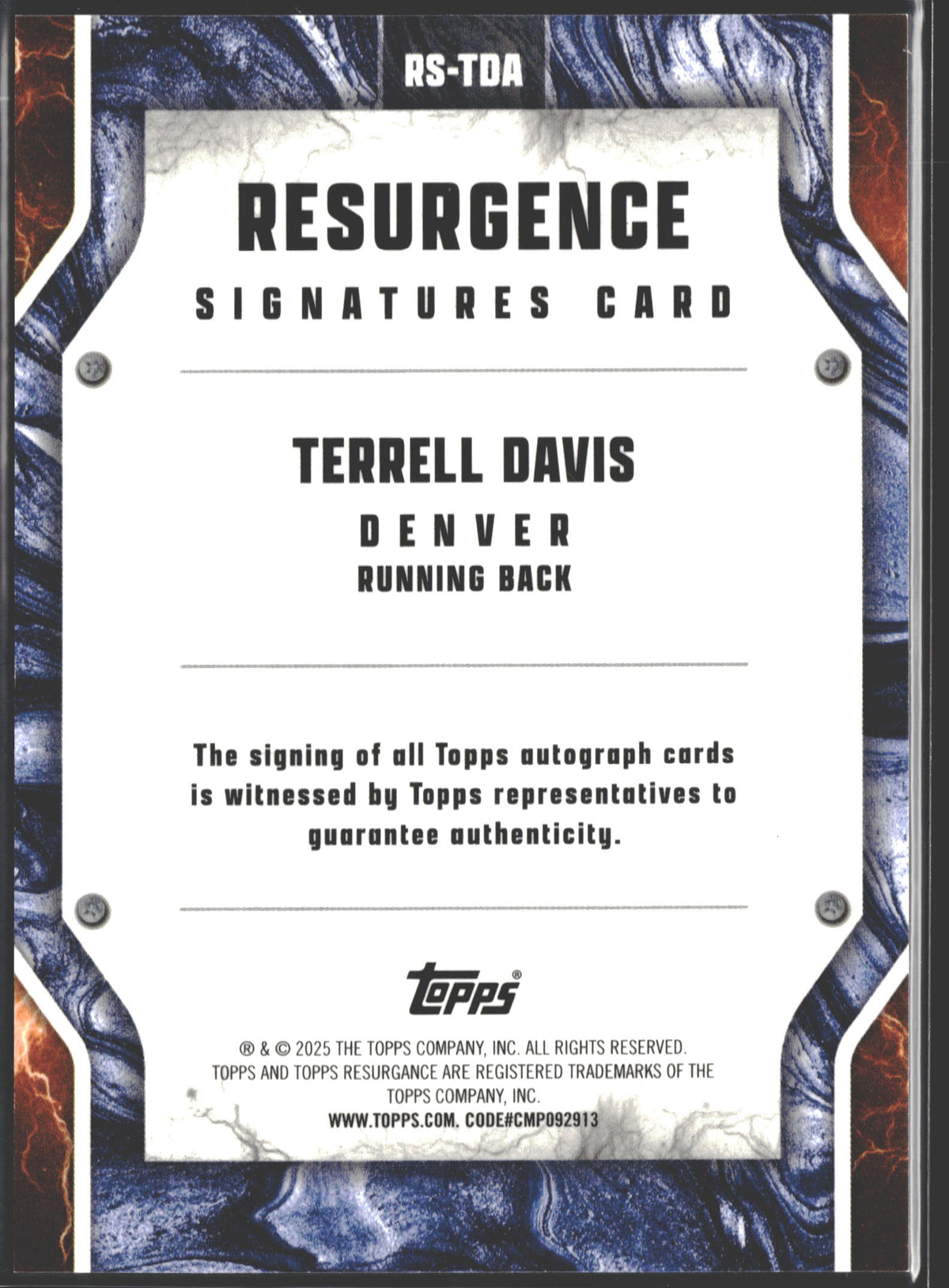 2025 Topps Resurgence signature Terrell Davis Auto Orange /25 Denver Broncos #RS-TDA-2