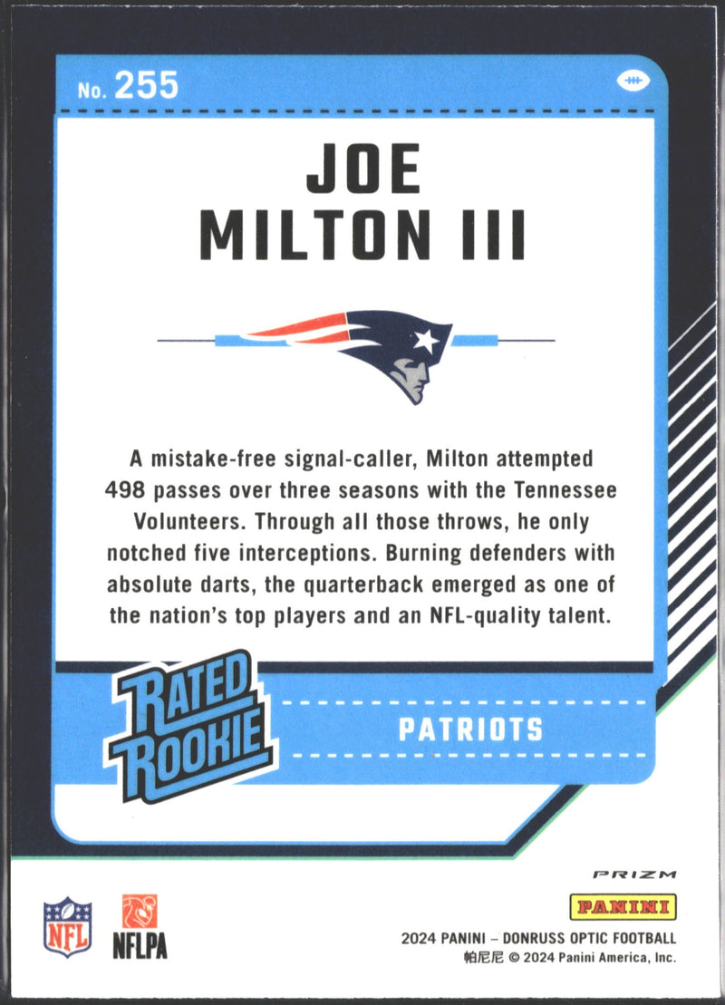 2024 Donruss Optic Joe Milton III Rated Rookie Blue Glitter #255-2