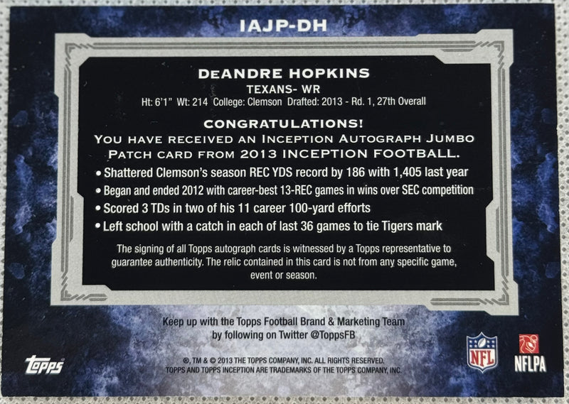2013 DeAndre Hopkins Inception RPA Auto 88/88 IAJP-DH-2