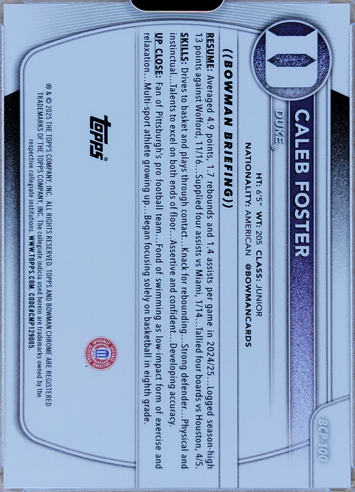 2025 Topps Bowman Chrome Caleb Foster Mojo Rose Gold 1 of 1 #BCP-100-2