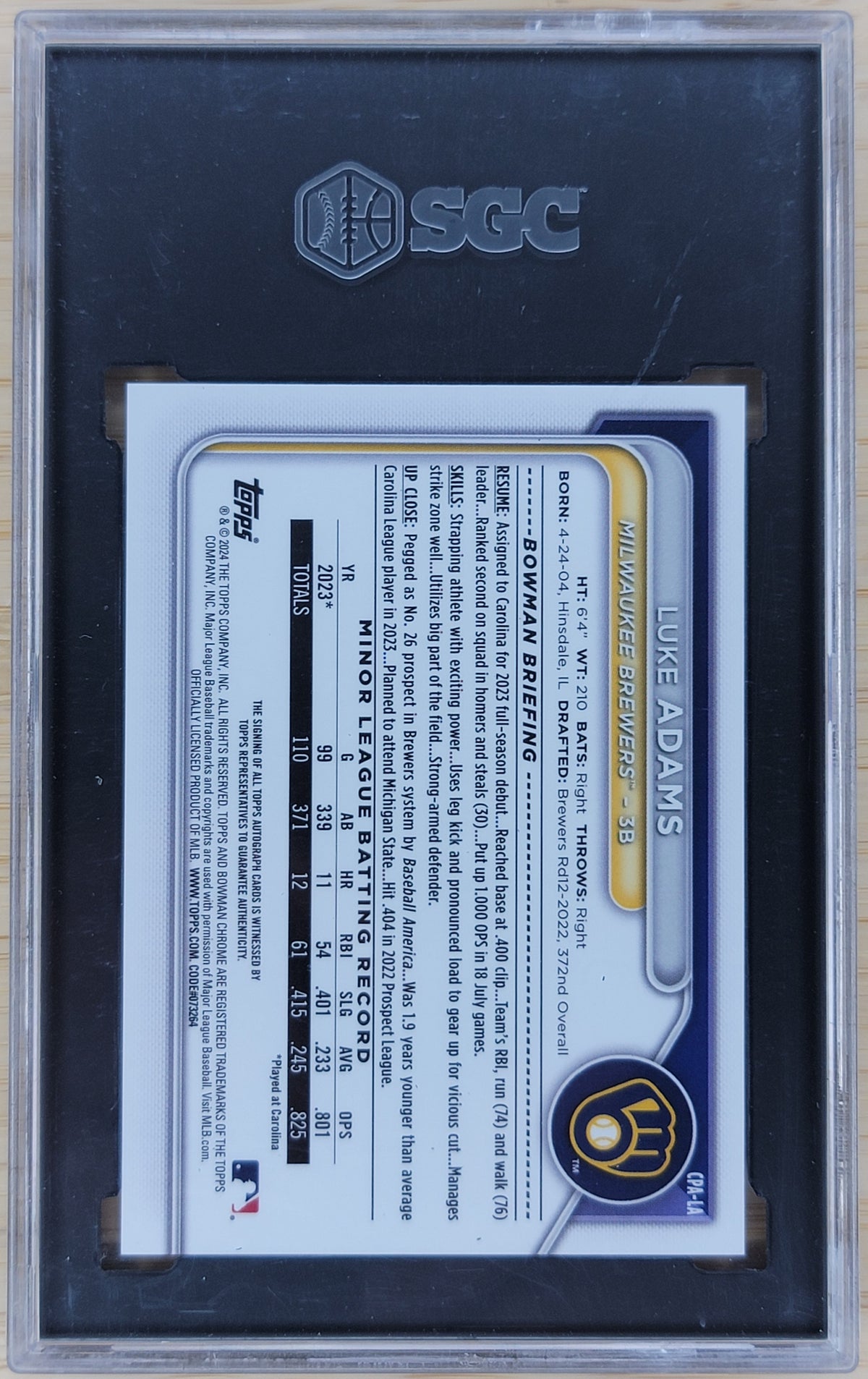 2024 Bowman Luke Adams Chrome Prospect Auto #CPA-LA SGC Auto 10 Card 10-2