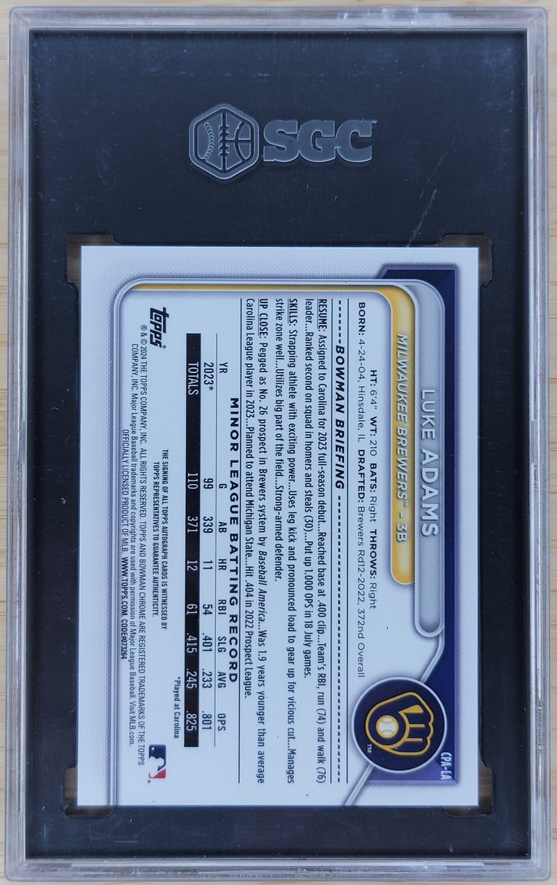 2024 Bowman Luke Adams Chrome Prospect Auto #CPA-LA SGC Auto 10 Card 10-2