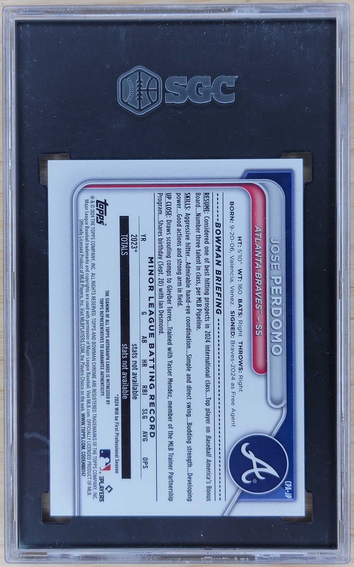 2024 Bowman Chrome Jose Perdomo Prospect Auto #CPA-JP SGC Auto 10 Card 10-2