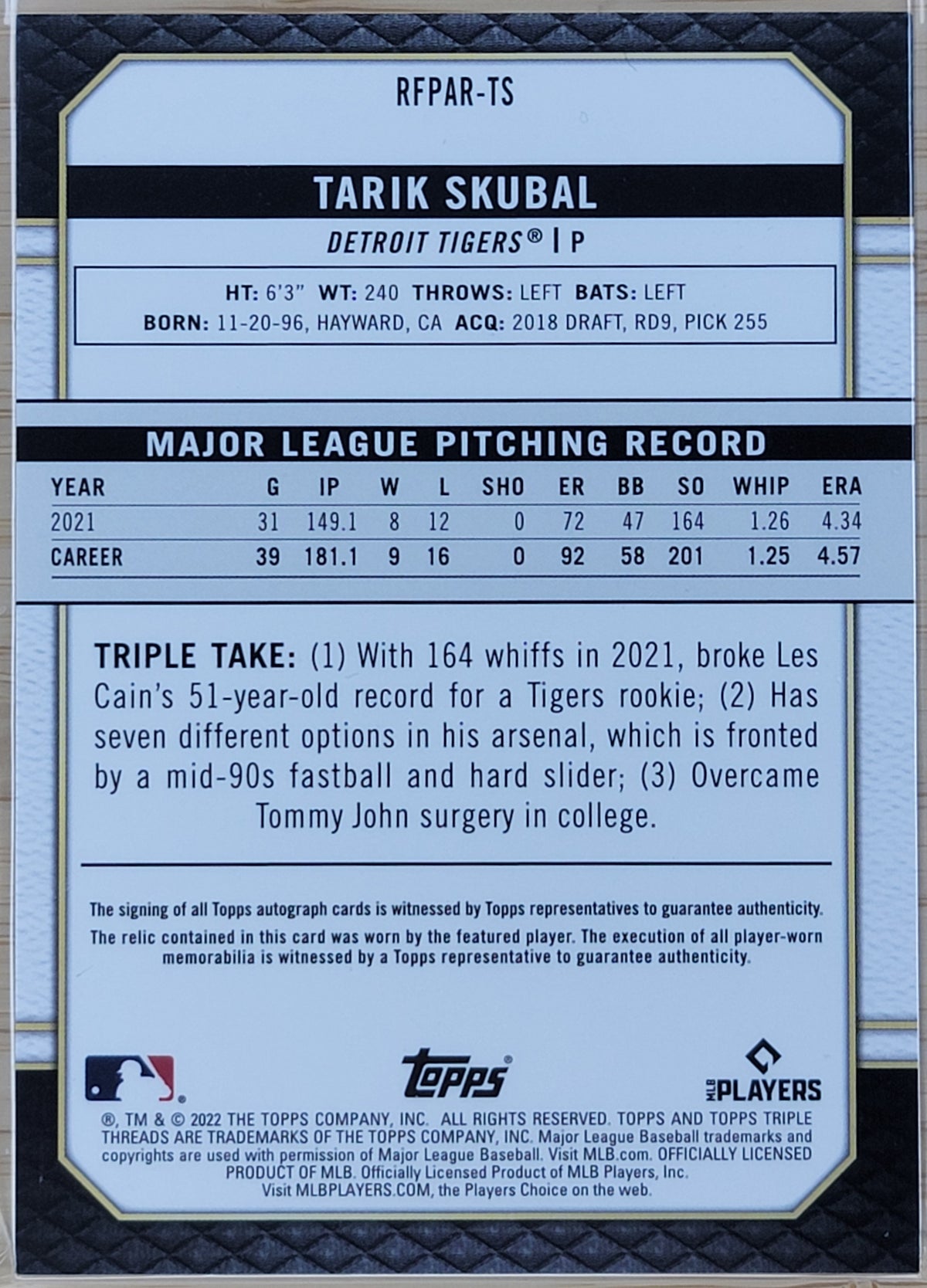 2022 Topps Triple Threads Future Phenom Tarik Skubal Patch Auto Onyx /25 #RFPAR-TS
