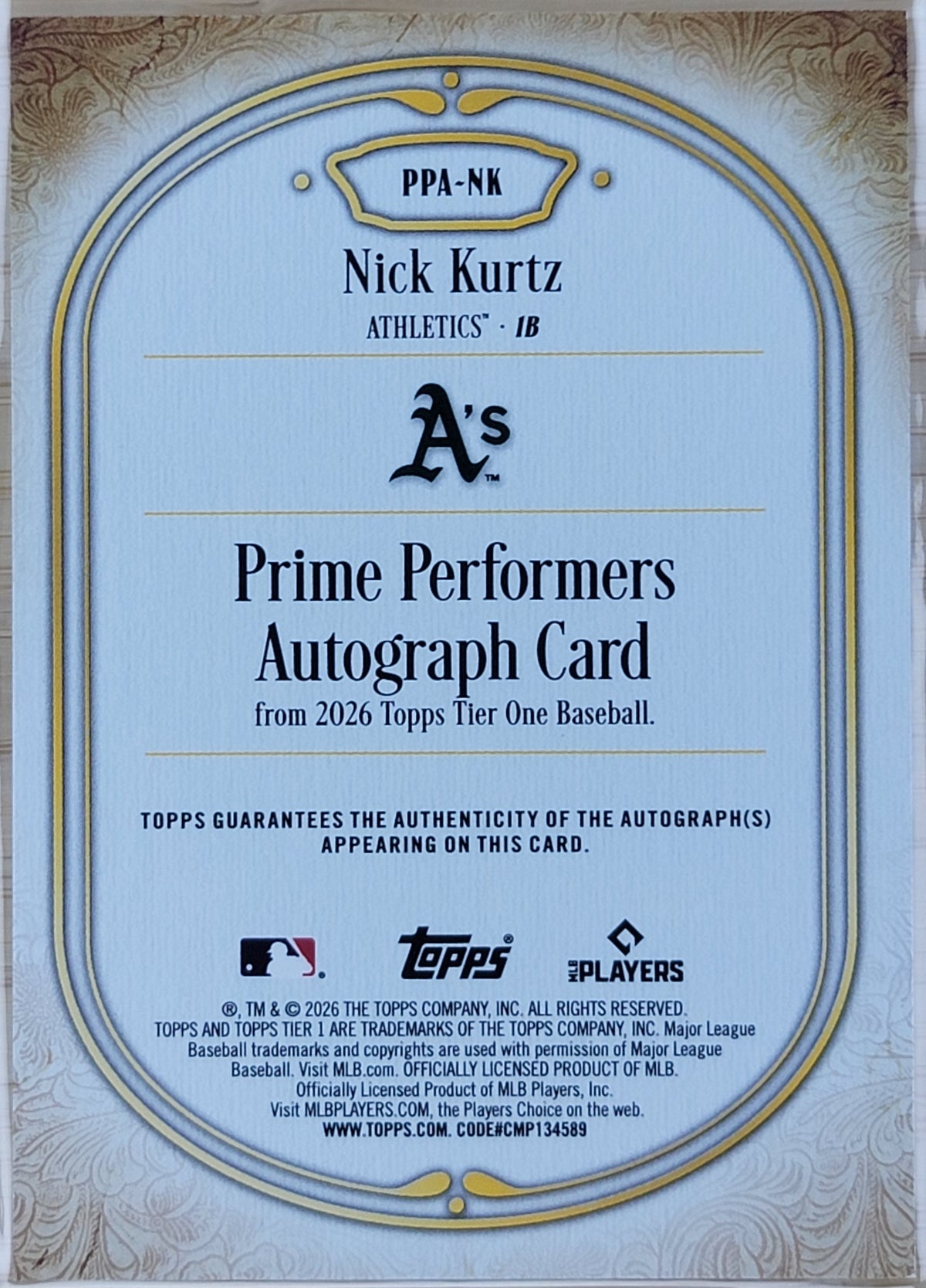 2026 Topps Tier One Nick Kurtz Blue Certified Auto /75 #PPA-NK