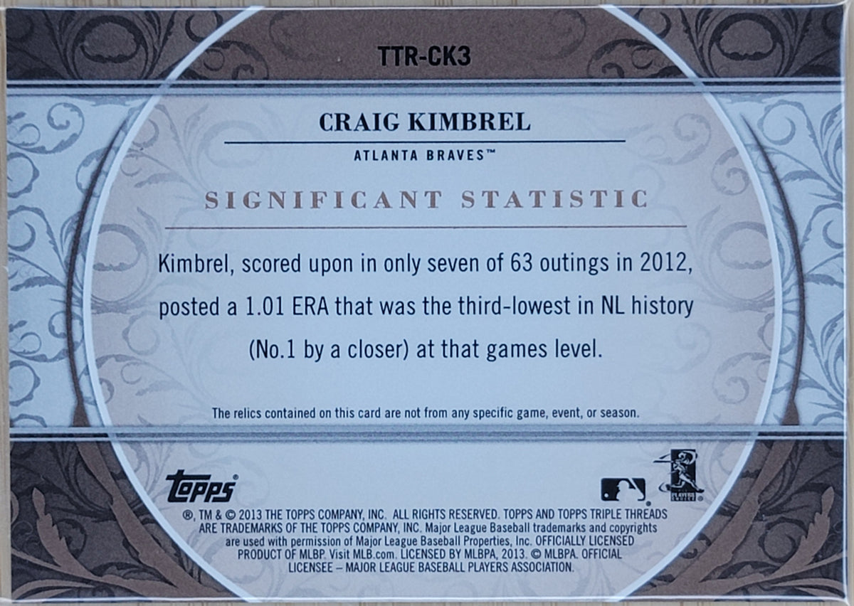 2013 Topps Triple Threads Relics Craig Kimbrel Patch Sepia /27 TTR-CK2