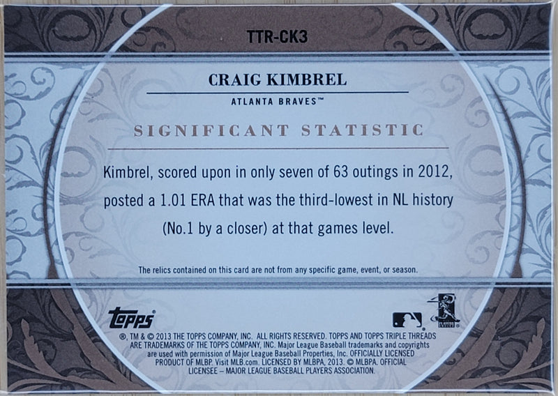 2013 Topps Triple Threads Relics Craig Kimbrel Patch Sepia /27 TTR-CK2-2