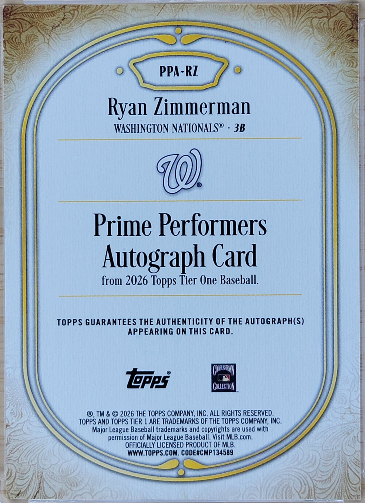 2026 Topps Tier One Prime Performers Ryan Zimmerman Auto /10 #PPA-RZ
