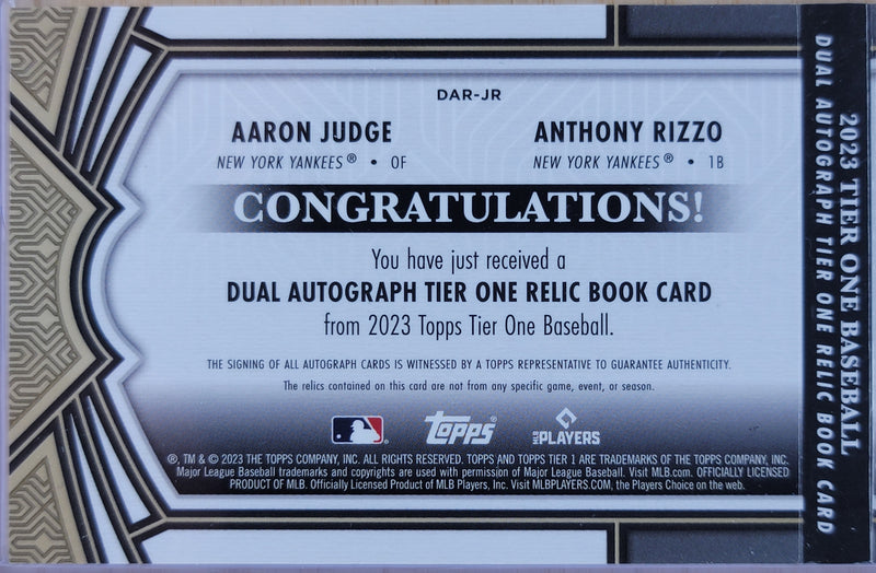 2023 Topps Tier One Dual Auto Relic Book Aaron Judge, Anthony Rizzo /10 #DAR-JR-6