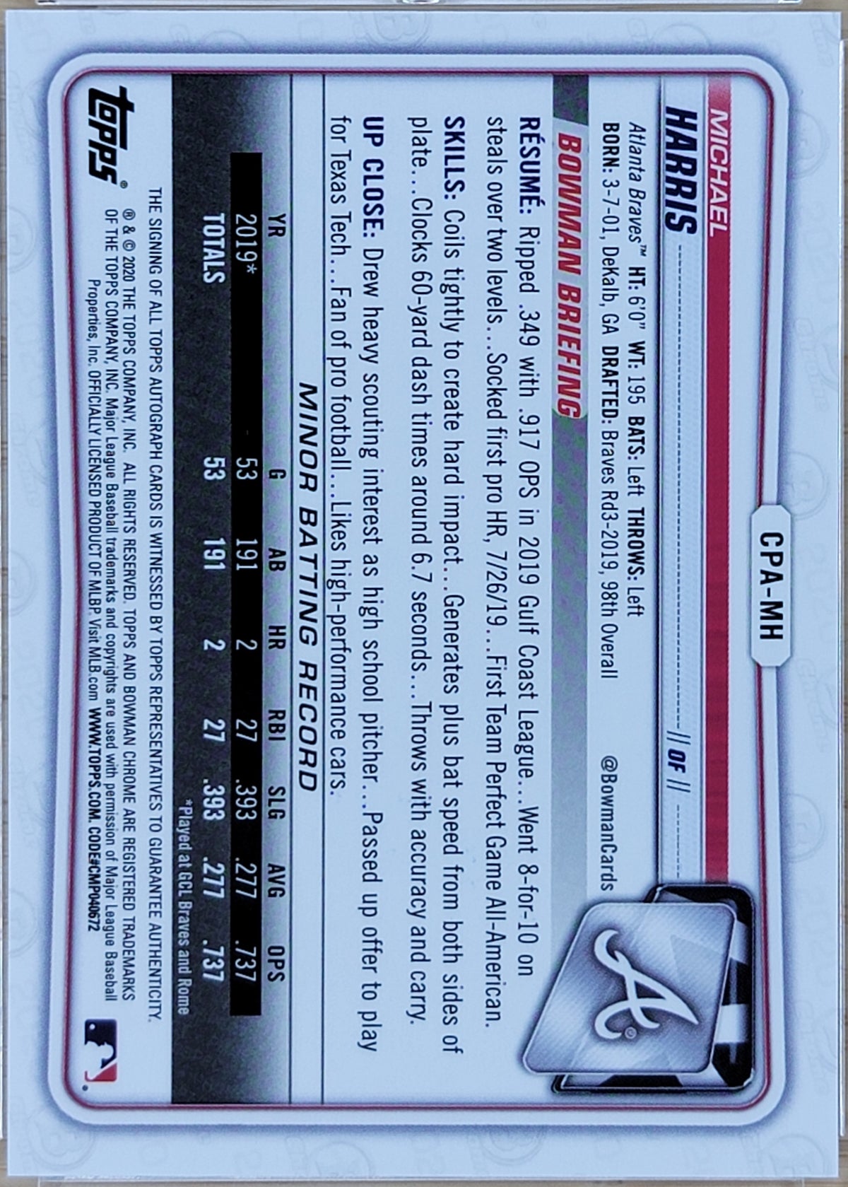 2020 Bowman Chrome Prospect Michael Harris II Blue Refractor /150 #CPA-MH-2