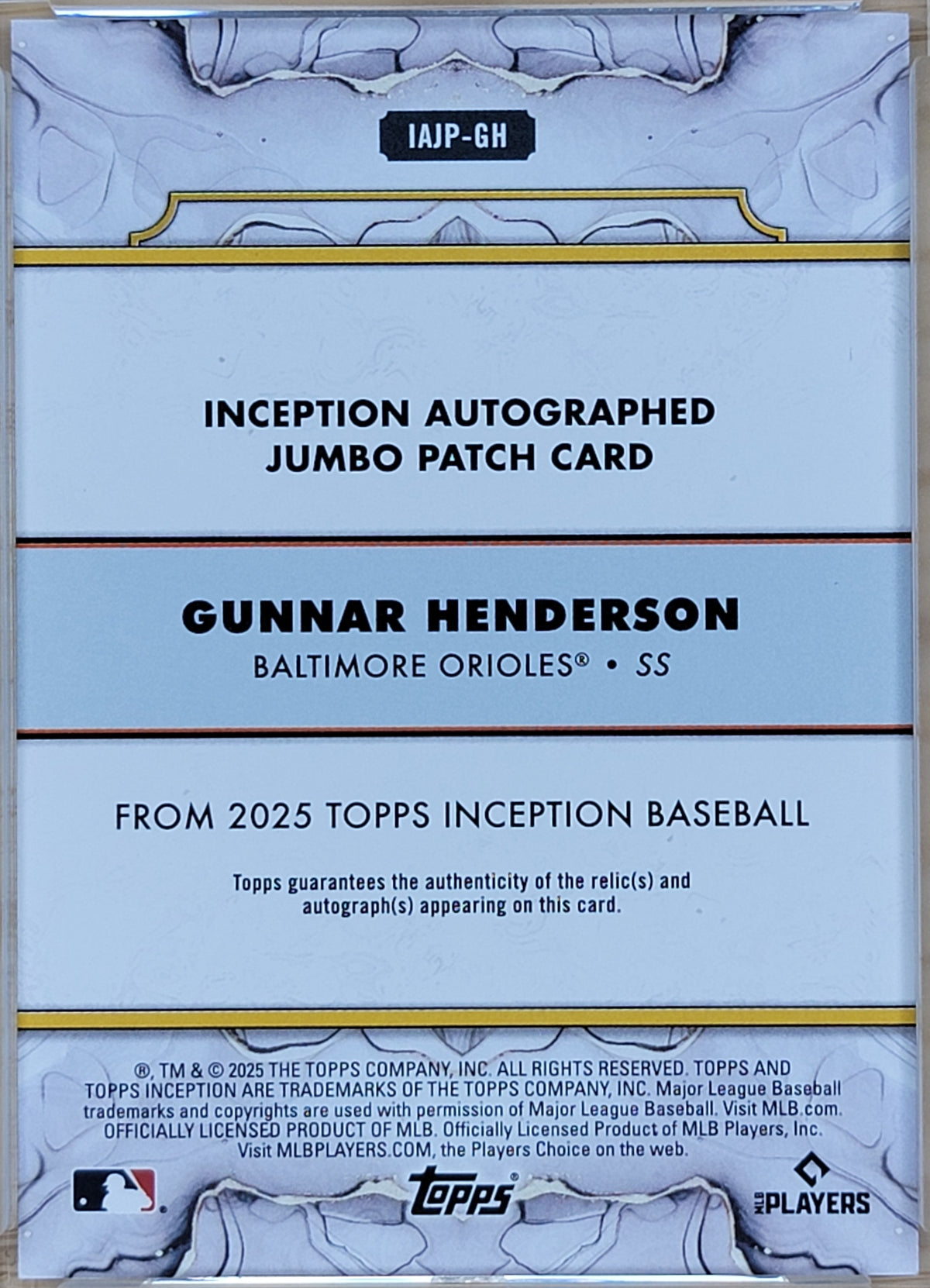 2025 Topps Inception Baseball Gunnar Henderson Auto Jumbo Patch /25 #IAJP-GH
