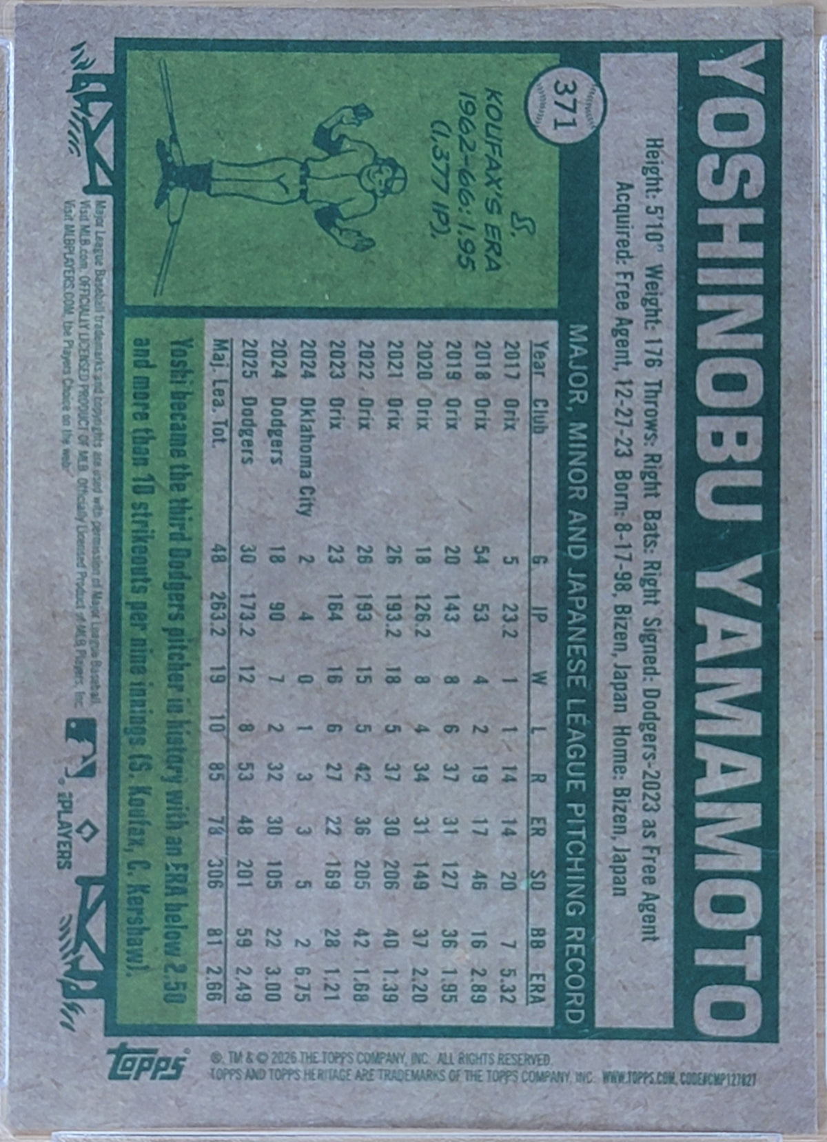 2026 Topps Heritage Yoshinobu Yamamoto Chrome Blue Refractor /150 #371
