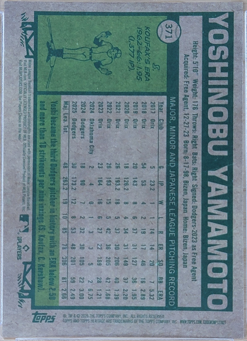 2026 Topps Heritage Yoshinobu Yamamoto Chrome Blue Refractor /150 #371-2