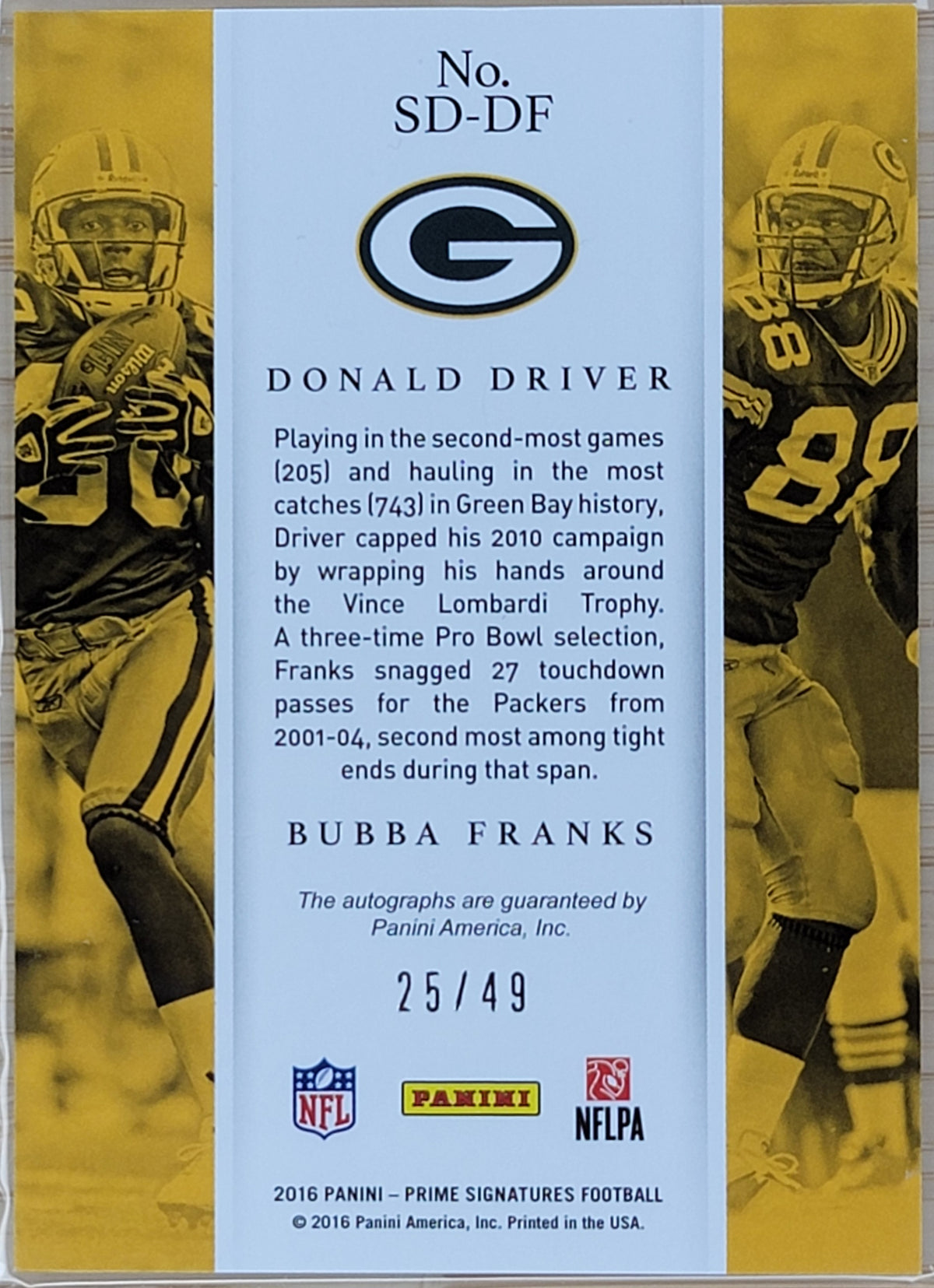 2016 Panini Prime Signatures Dual Donald Driver, Bubba Franks /49 #SD-DF-2