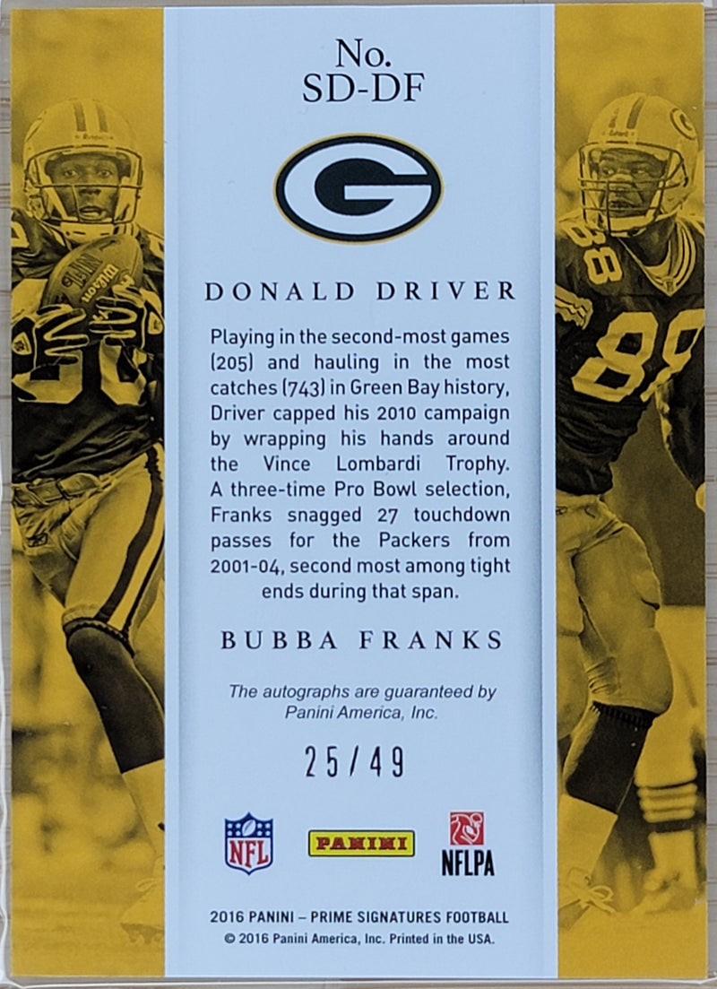 2016 Panini Prime Signatures Dual Donald Driver, Bubba Franks /49 #SD-DF-2