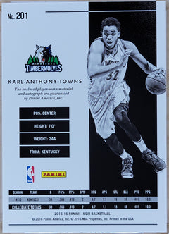 2015-16 Panini Noir Karl-Anthony Towns #201 Rookie RC Jersey Patch Auto RPA /99-2