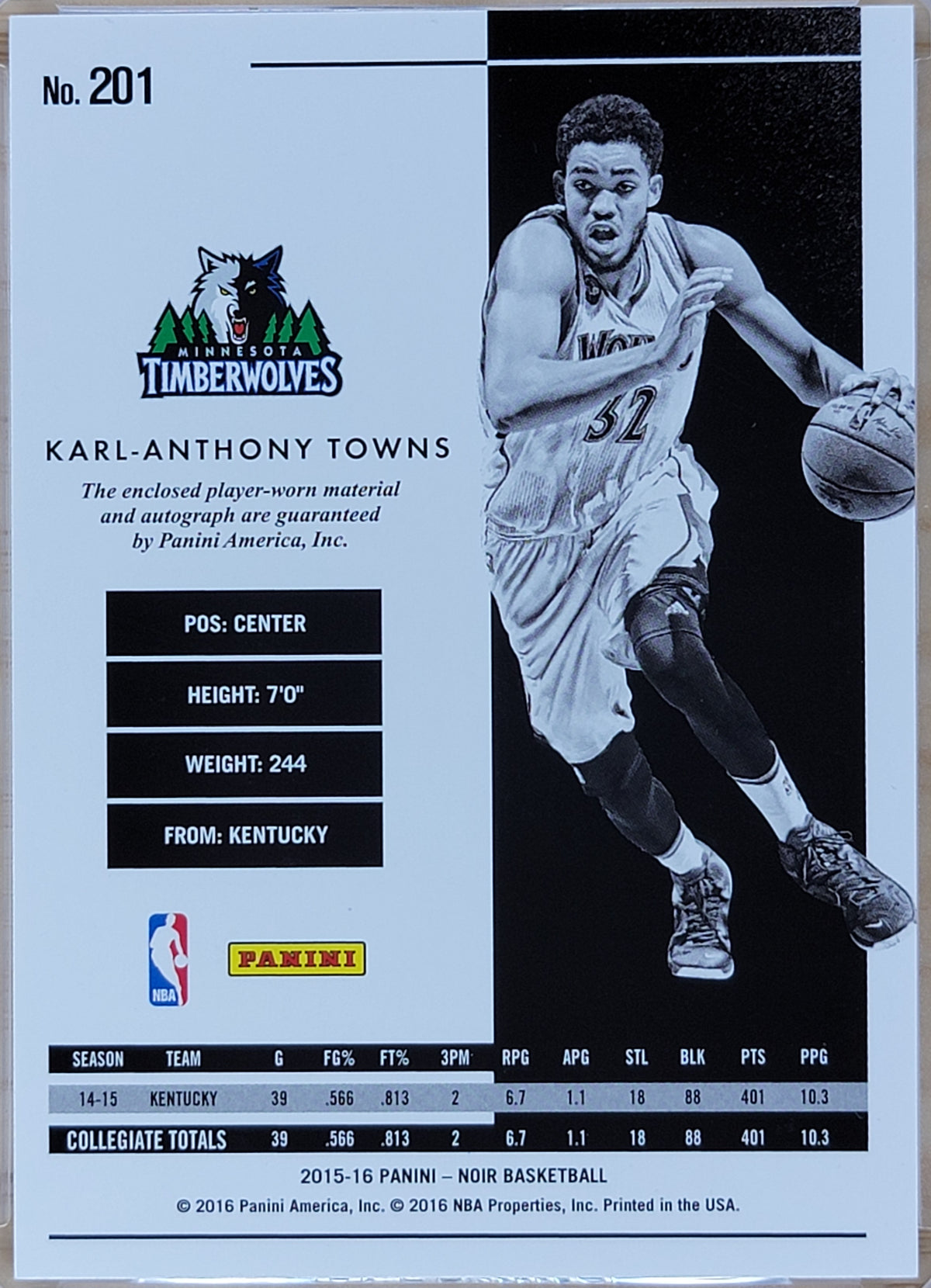 2015-16 Panini Noir Karl-Anthony Towns #201 Rookie RC Jersey Patch Auto RPA /99